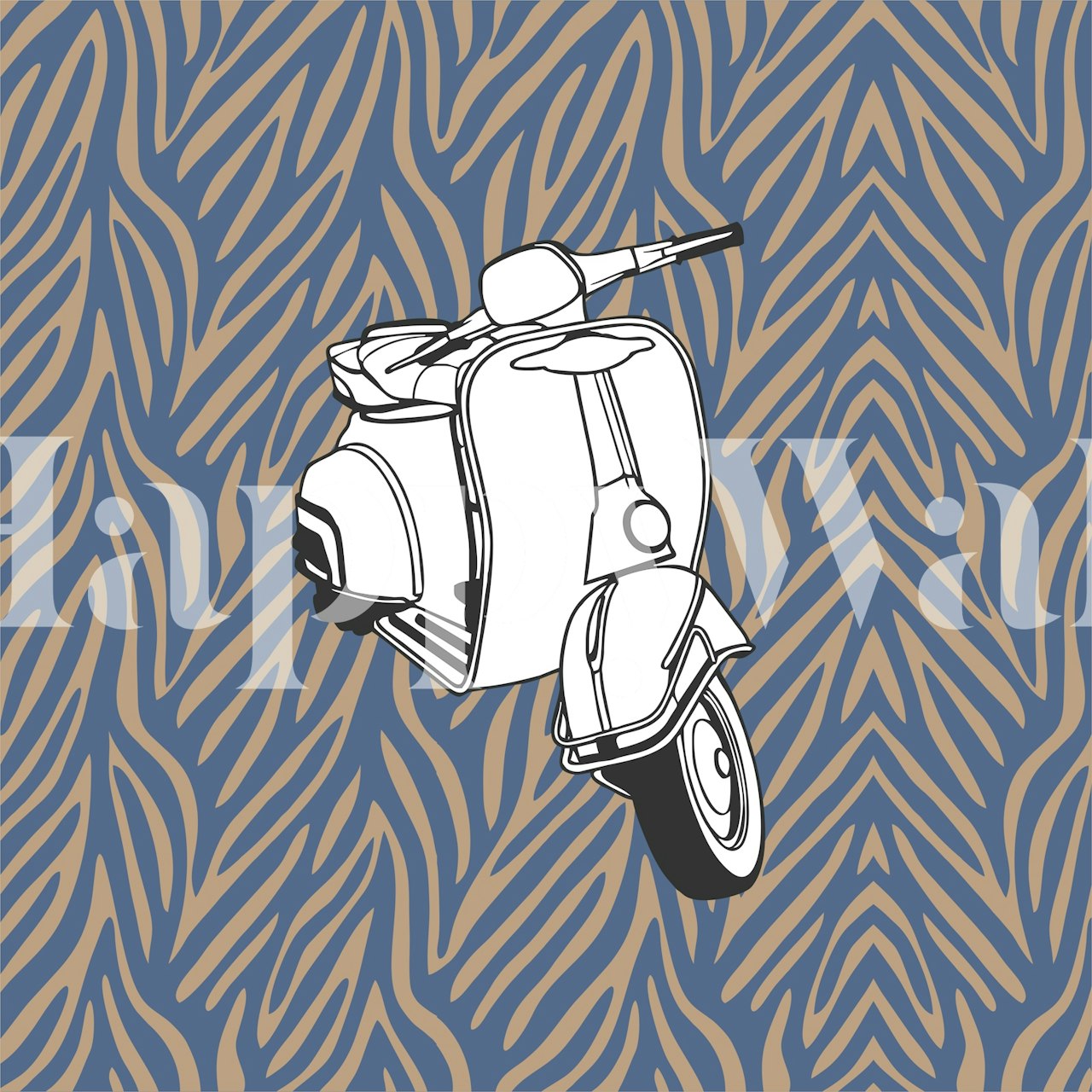 Monochrome taupe blue zebra vespa papel de parede em um quarto