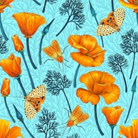 California poppies and moths on light blue wallpaper