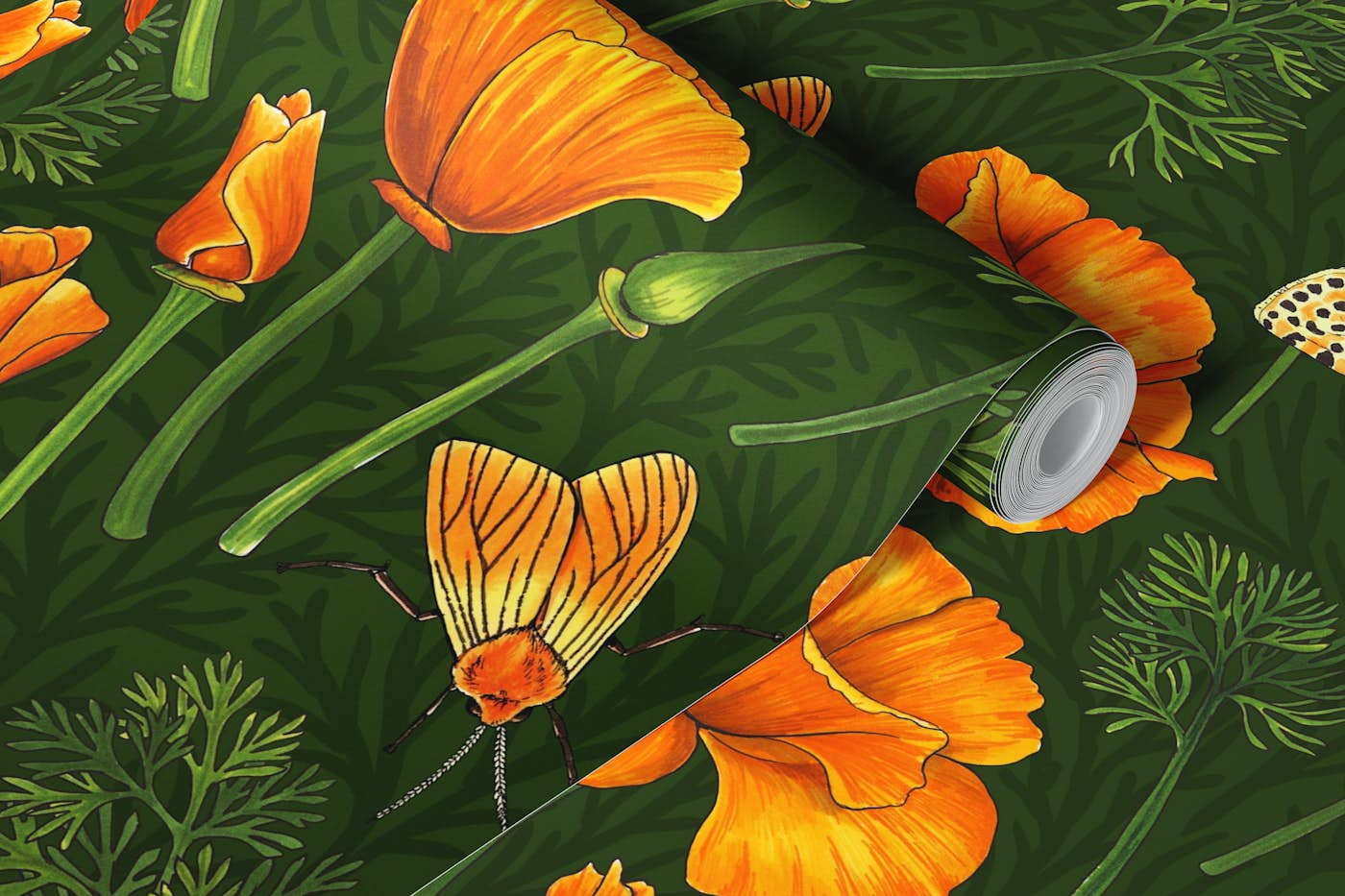 California poppies and moths on dark green wallpaper roll