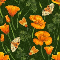 California poppies and moths on dark green tapete
