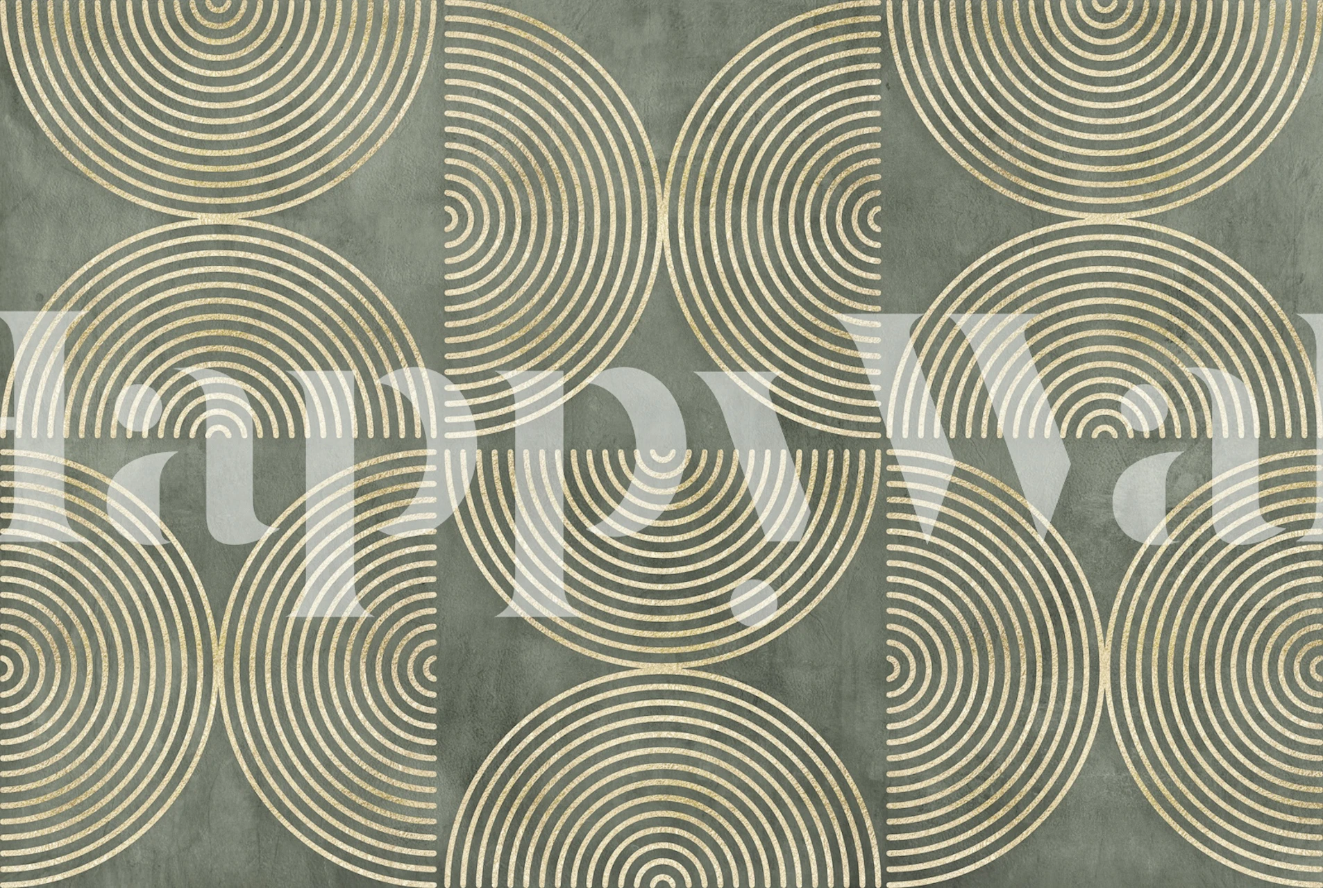 Geometric gold circle design on green wallpaper