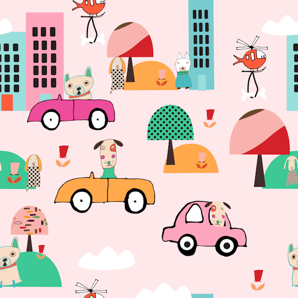 CUTE DOGS DRIVING IN THE CITY PINK