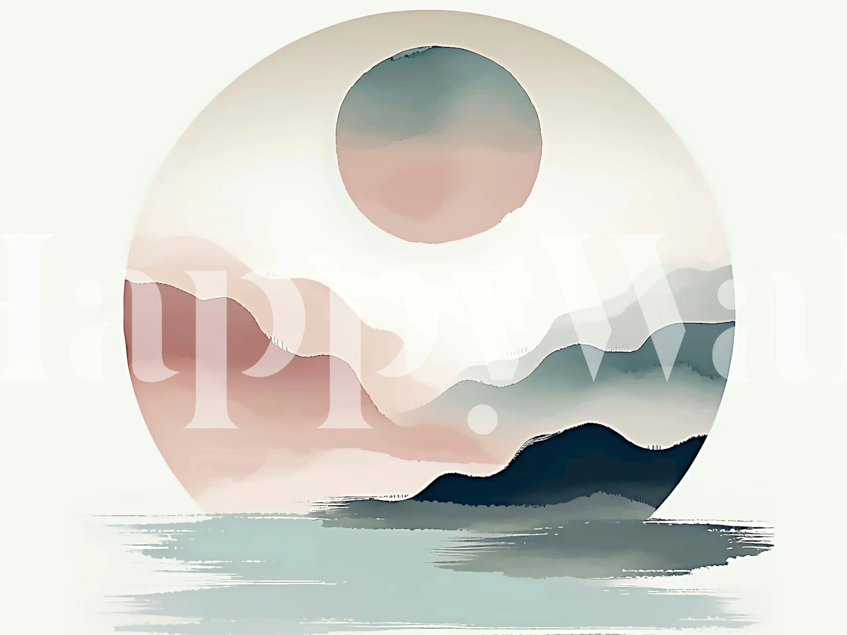 Soft pink and blue mountains with a rising sun wall mural.