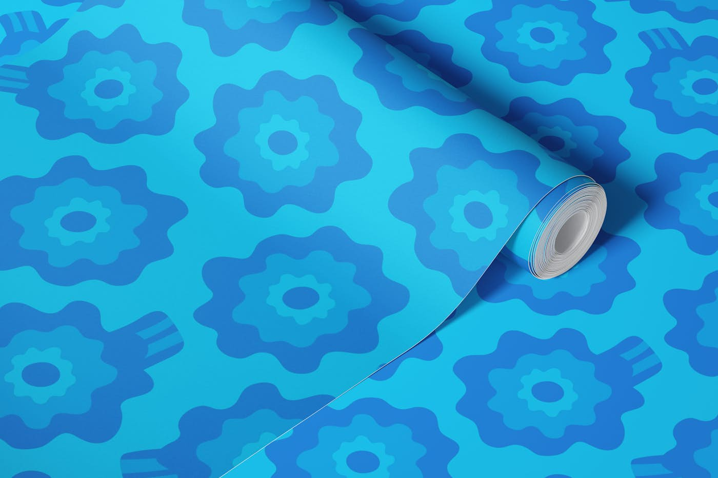 BEAUTY BOOST Mod Retro Dopamine Flowers Blue wallpaper roll