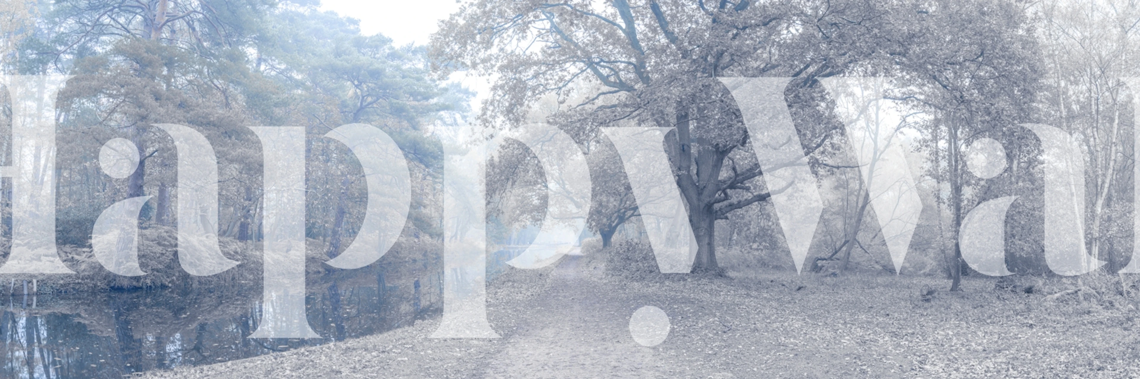 Foggy waterway with trees and reflections, blue tones, nature wallpaper