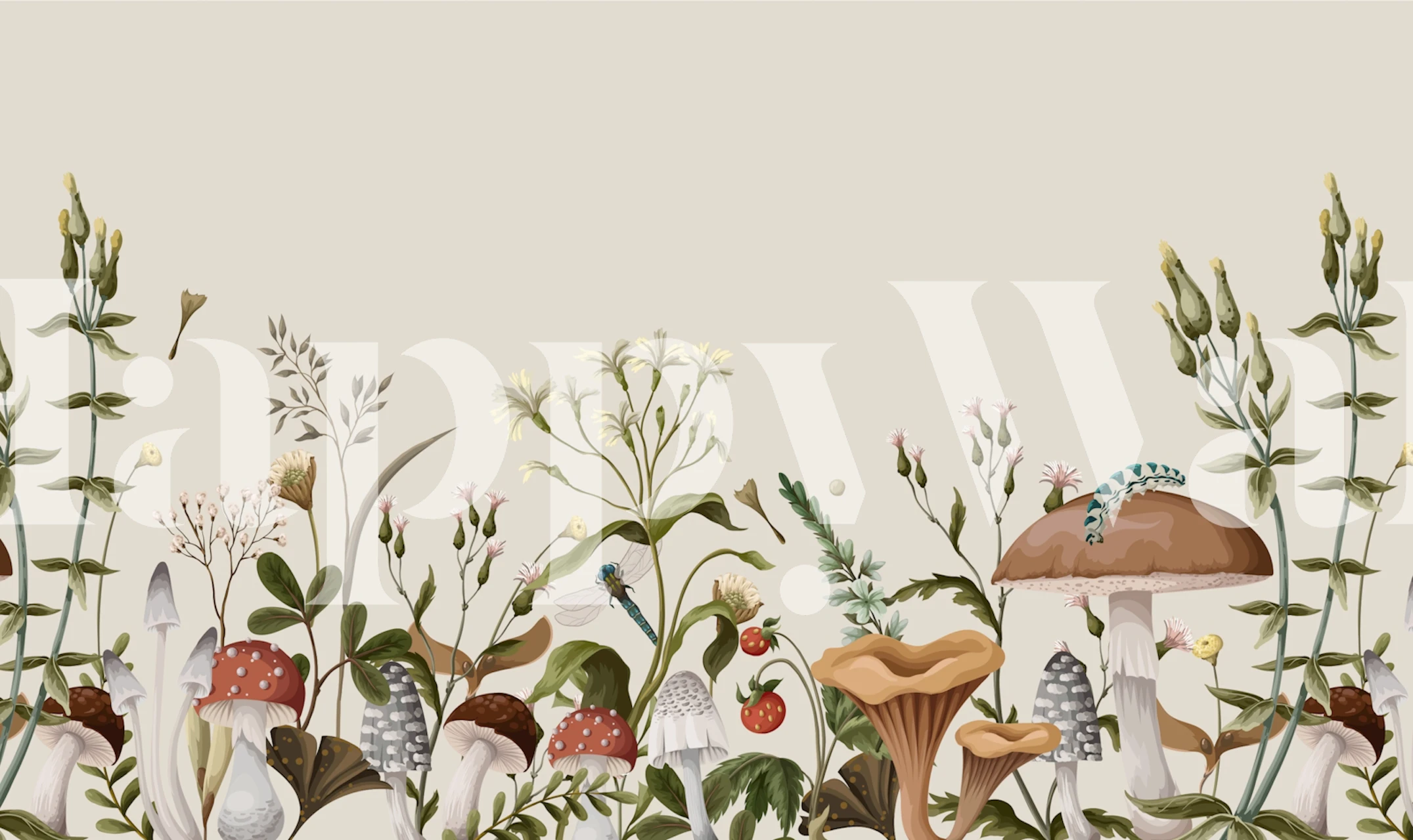Bezaubernde Fototapete im Märchenstil mit Blumen- und Pilzmotiven