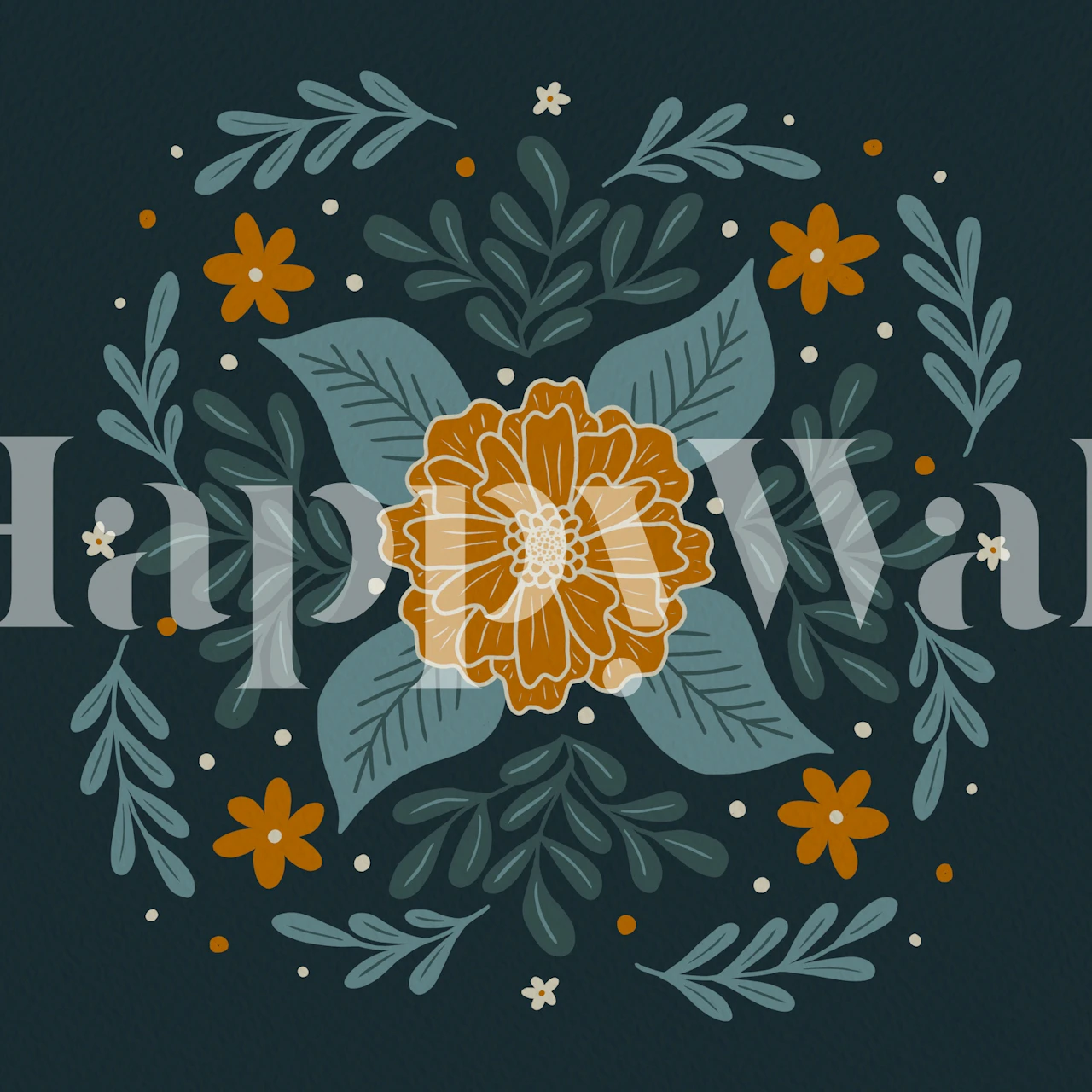 Teal and orange circular flowers wallpaper pattern