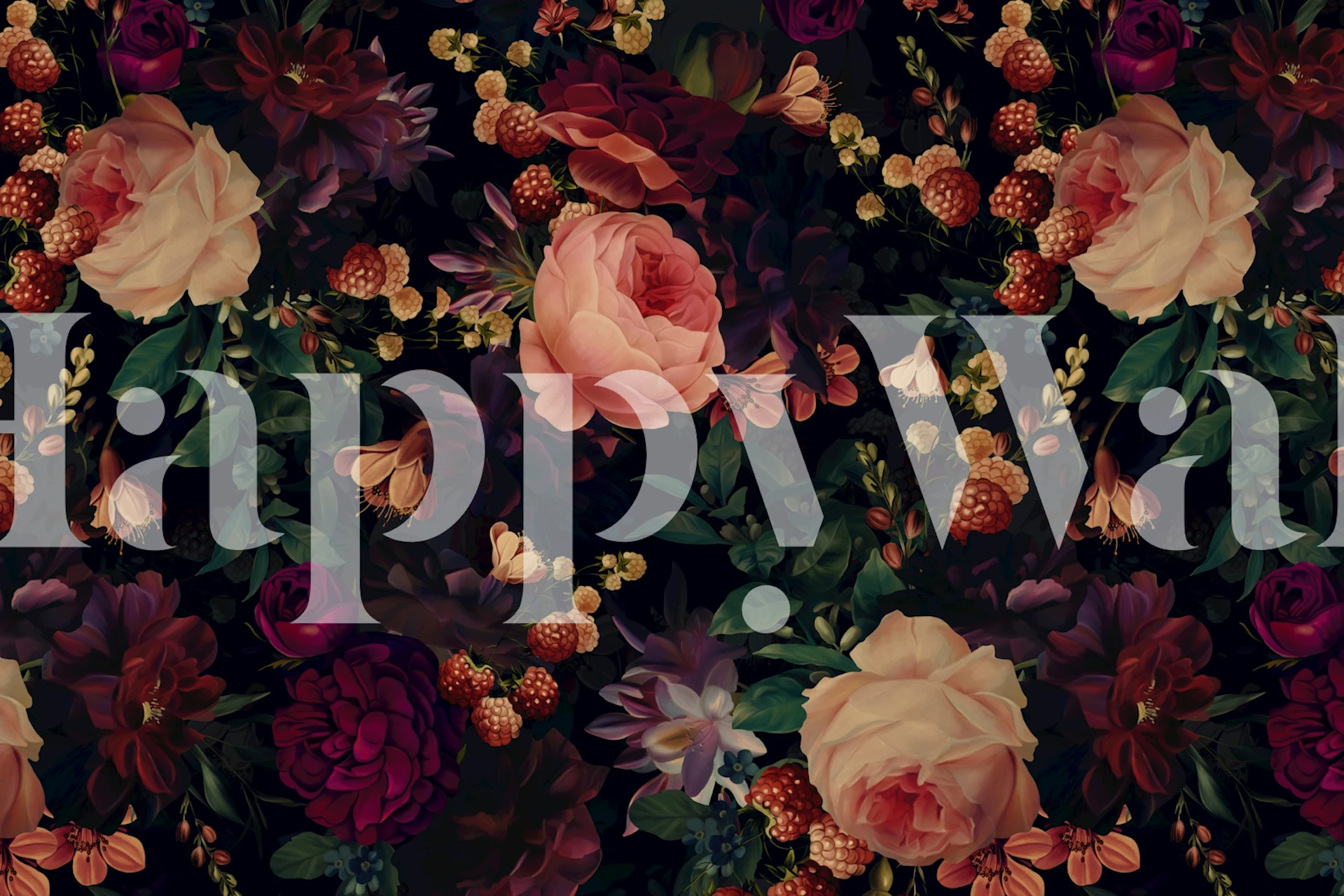 Burgundy roses and berries wall mural with dark background