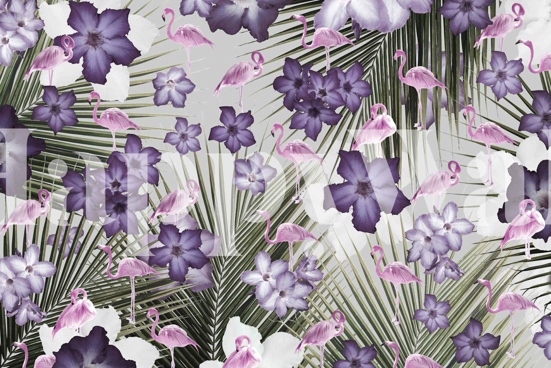 Pink flamingoes and purple flowers on green leaves wallpaper