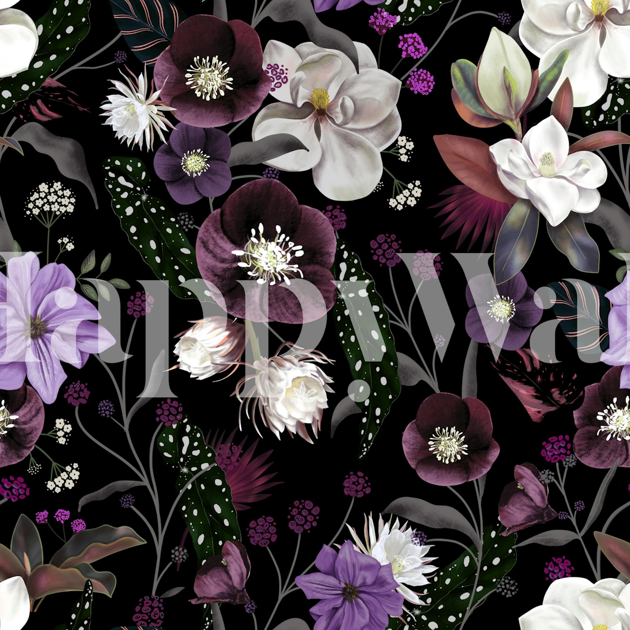 Midnight Dark Botanical Dream -tapetti huoneessa