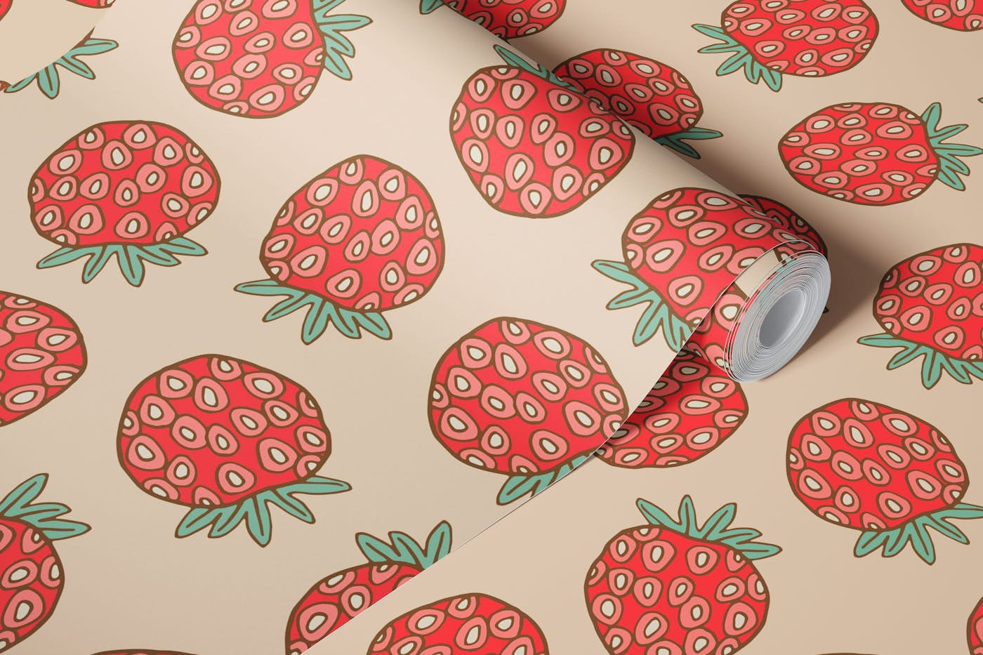 RIPE STRAWBERRIES Vintage Tossed Fruit Red wallpaper roll