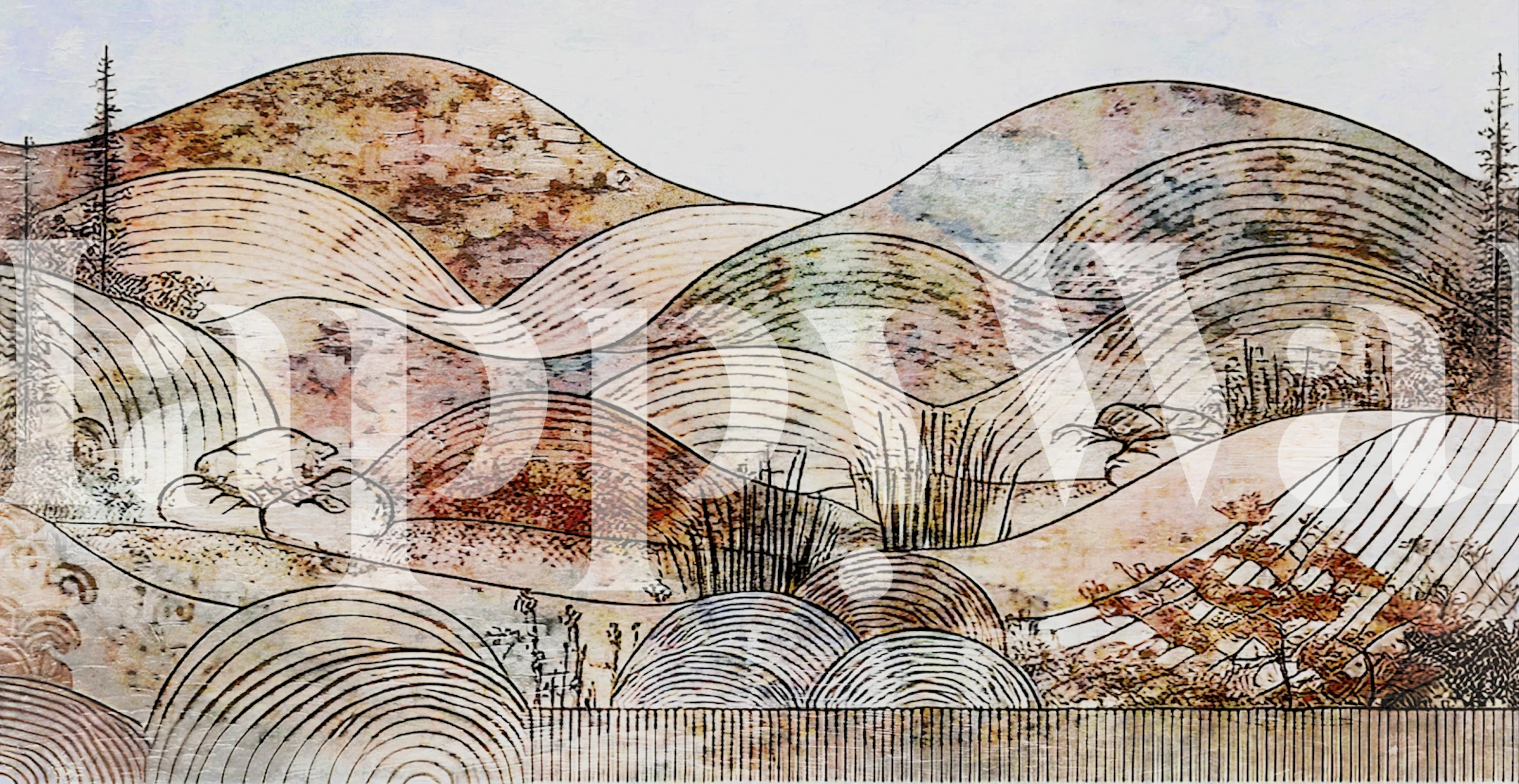 Antique Japandi Sunrise Mountains wallpaper in a room