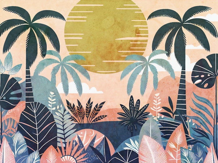 Boho Jungle Sunrise Watercolor wallpaper | Happywall