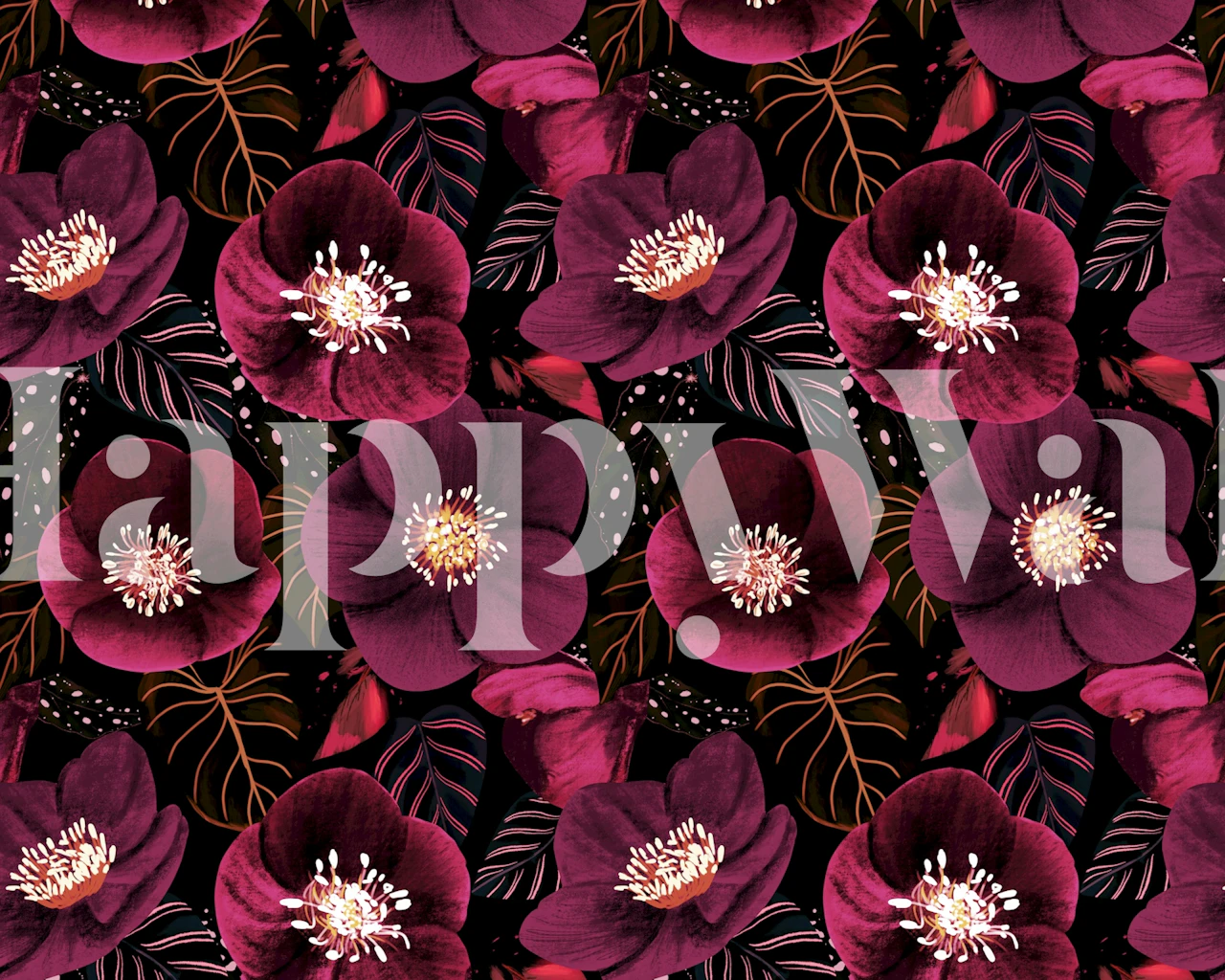 Midnight Dark Pink Flowers wallpaper displayed in a room
