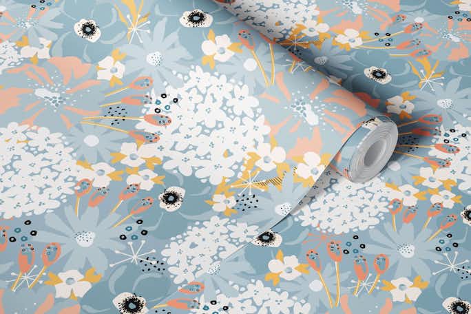 Icy Peach Shimmering Mixed Summer Floralswallpaper roll