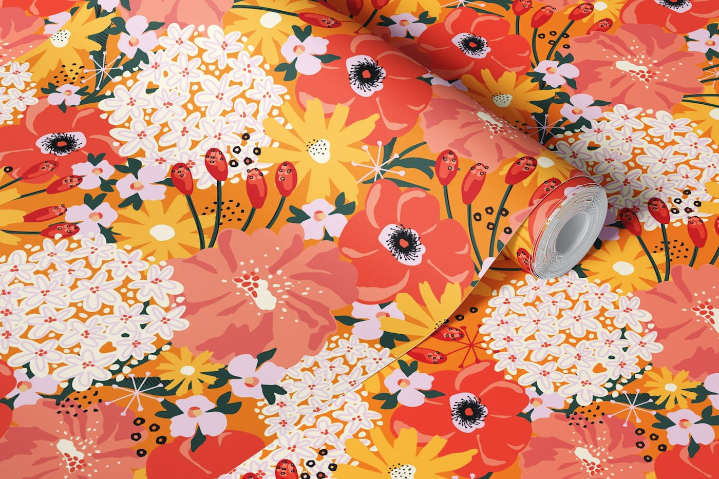 Heat Wave Shimmering Mixed Summer Florals wallpaper roll