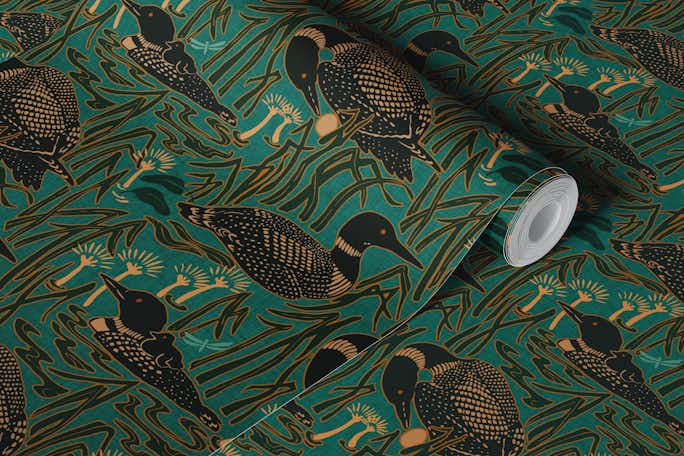 Loons on the lake green tealwallpaper roll