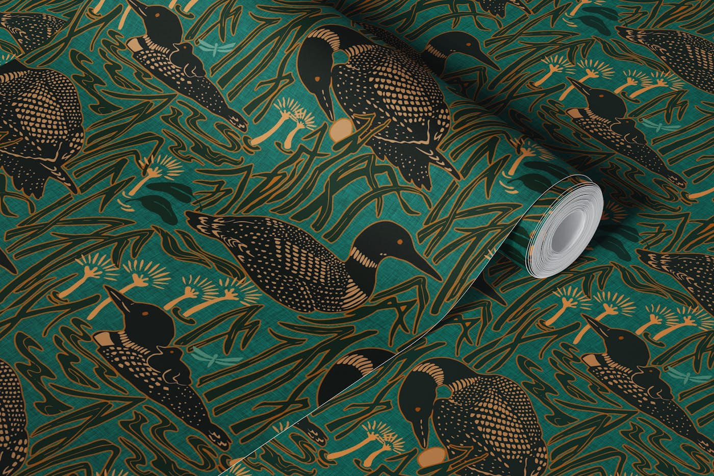 Loons on the lake green teal wallpaper roll