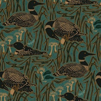 Loons on the lake green teal wallpaper