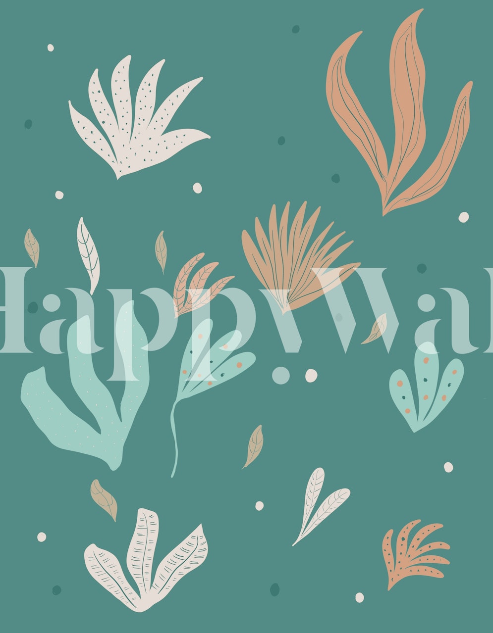 Stylized underwater foliage wall mural in teal and peach hues on a sea-green background