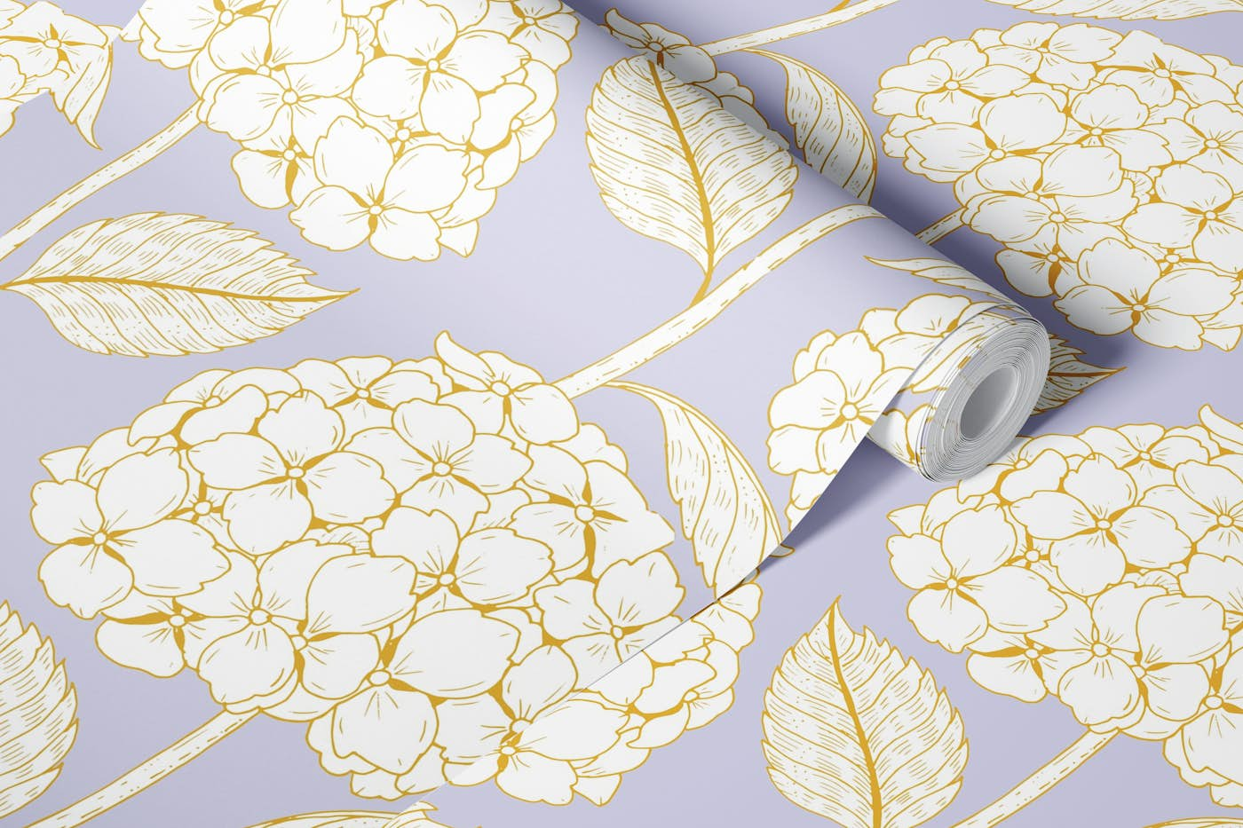 white hydrangea botanical pattern - lilac wallpaper roll