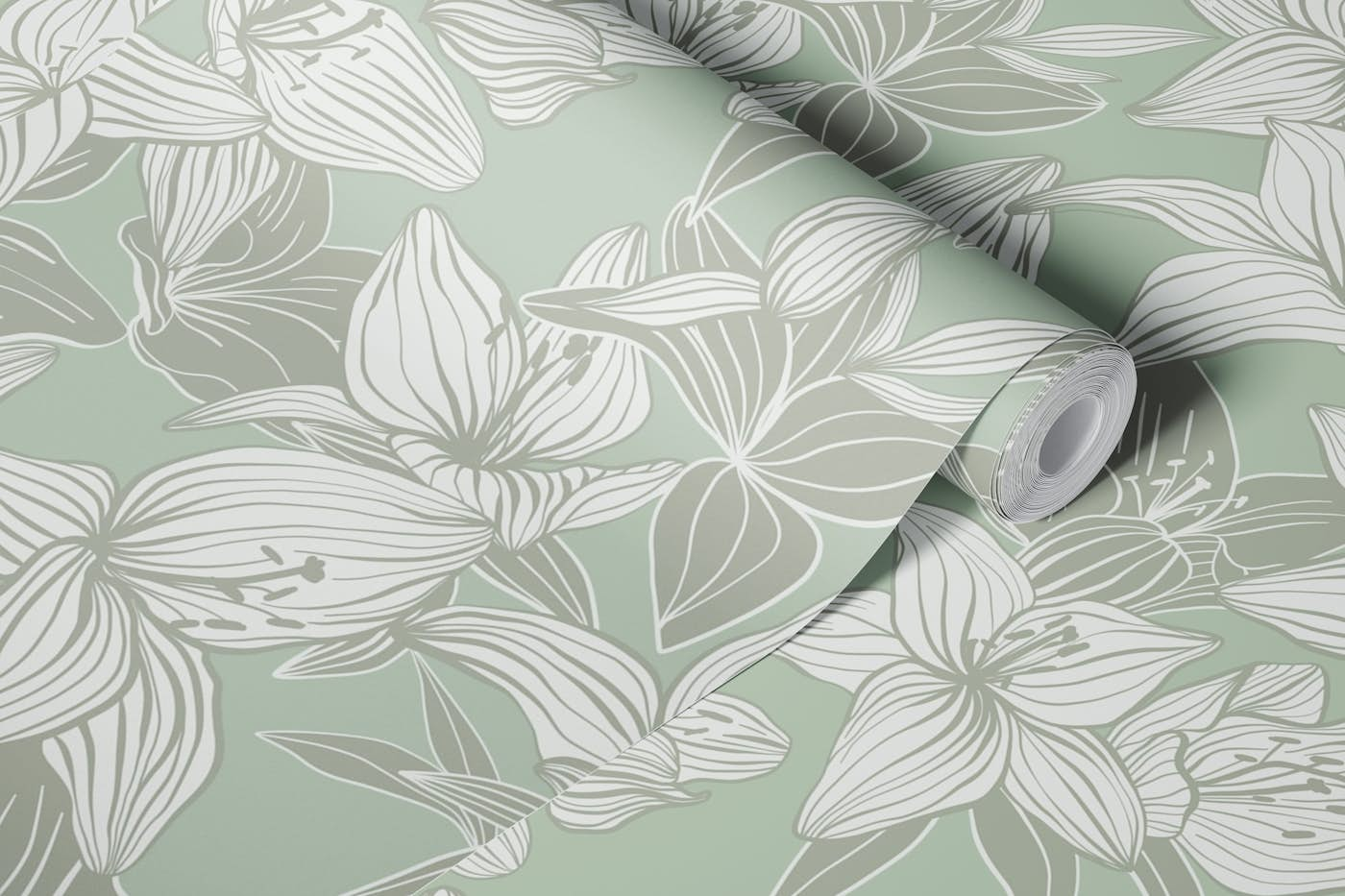 monochrome line drawing lillies sage green wallpaper roll