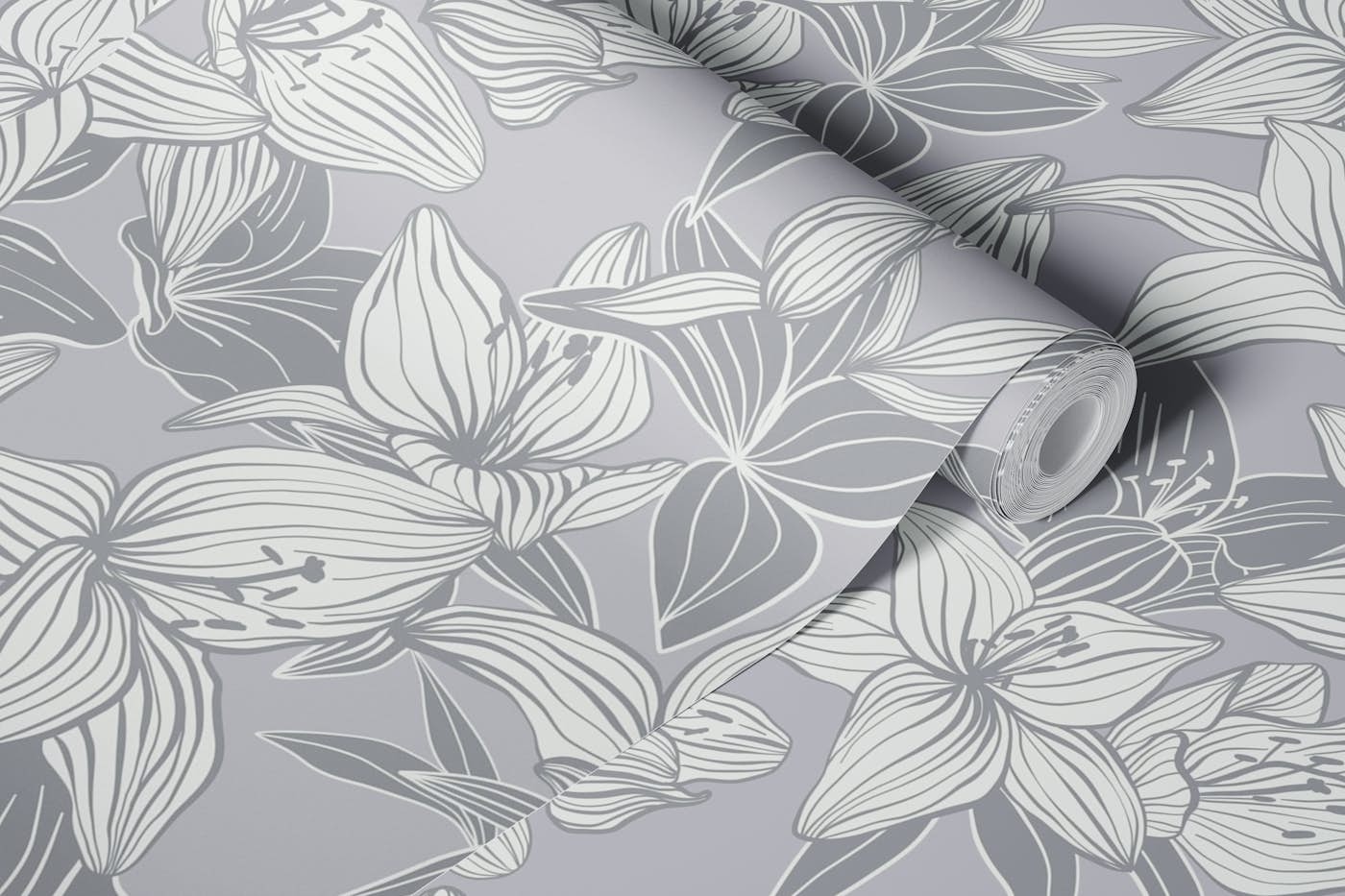 monochrome line drawing lillies silver grey wallpaper roll