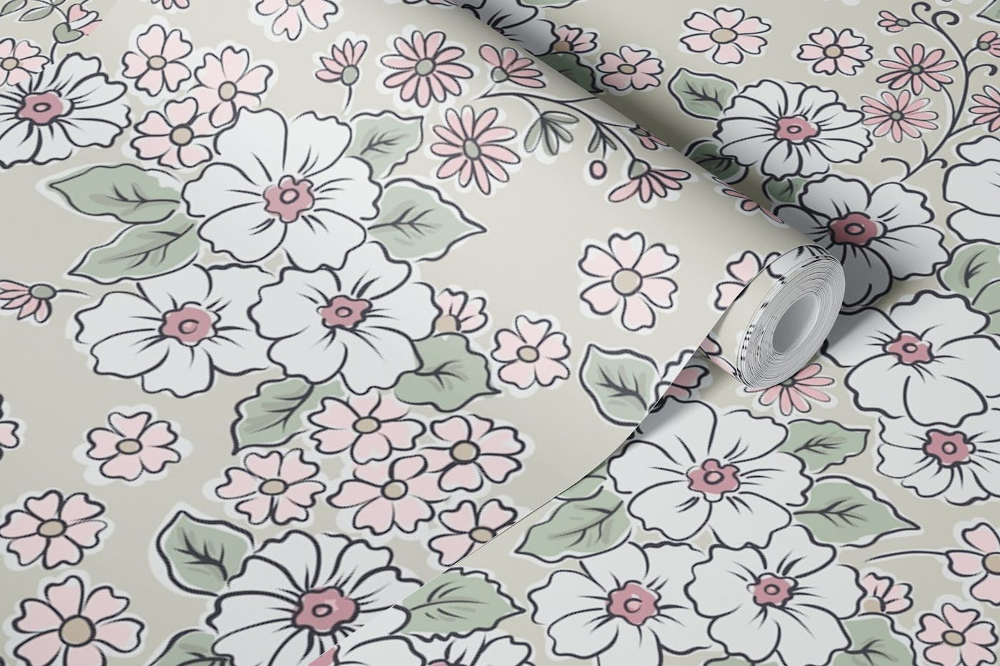 Ditsy folk floral beige wallpaper roll