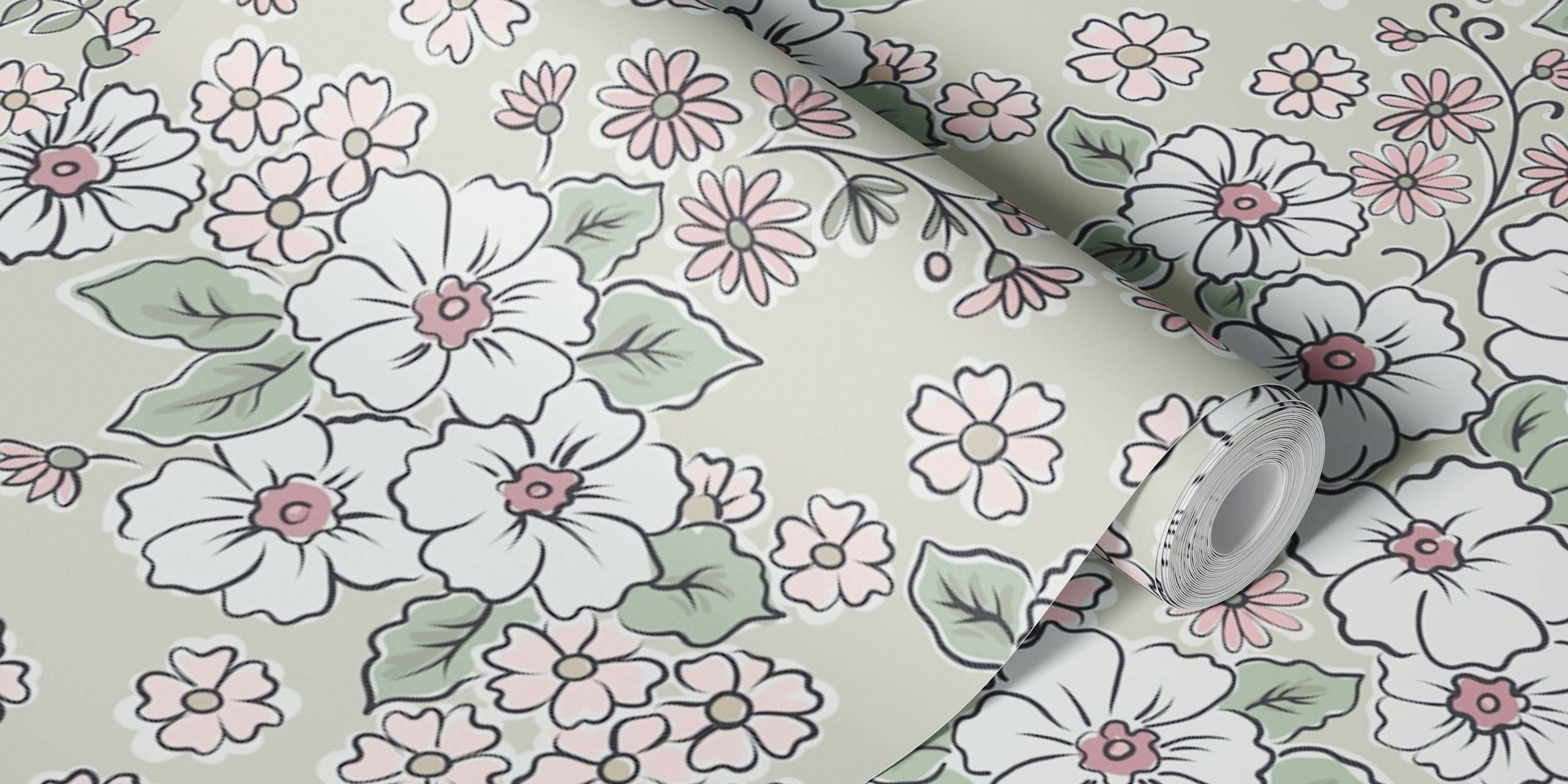 Ditsy folk floral beige viihtyisässä huoneessa
