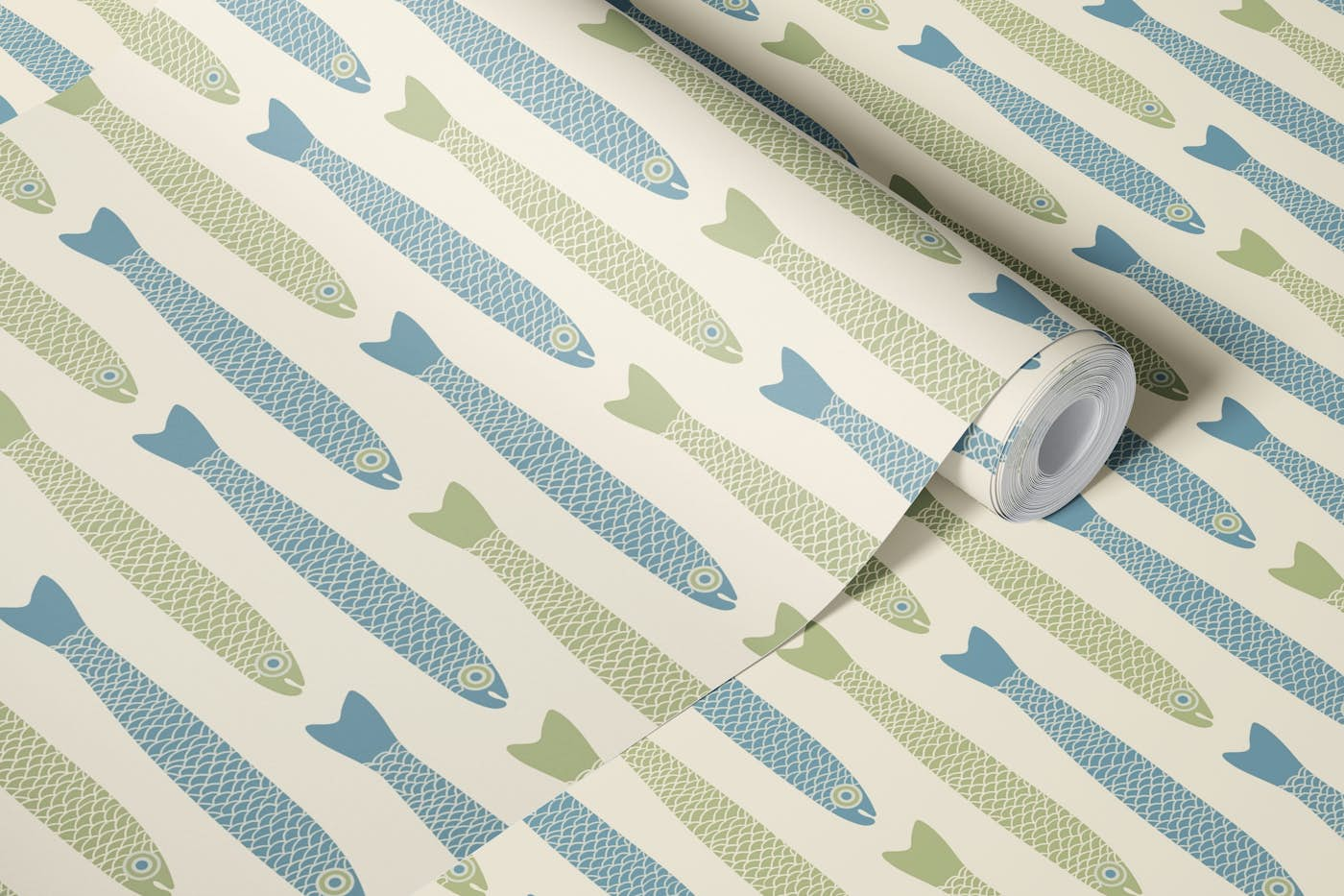 ANCHOVIES Blue Sage Fish Horizontal on Cream wallpaper roll