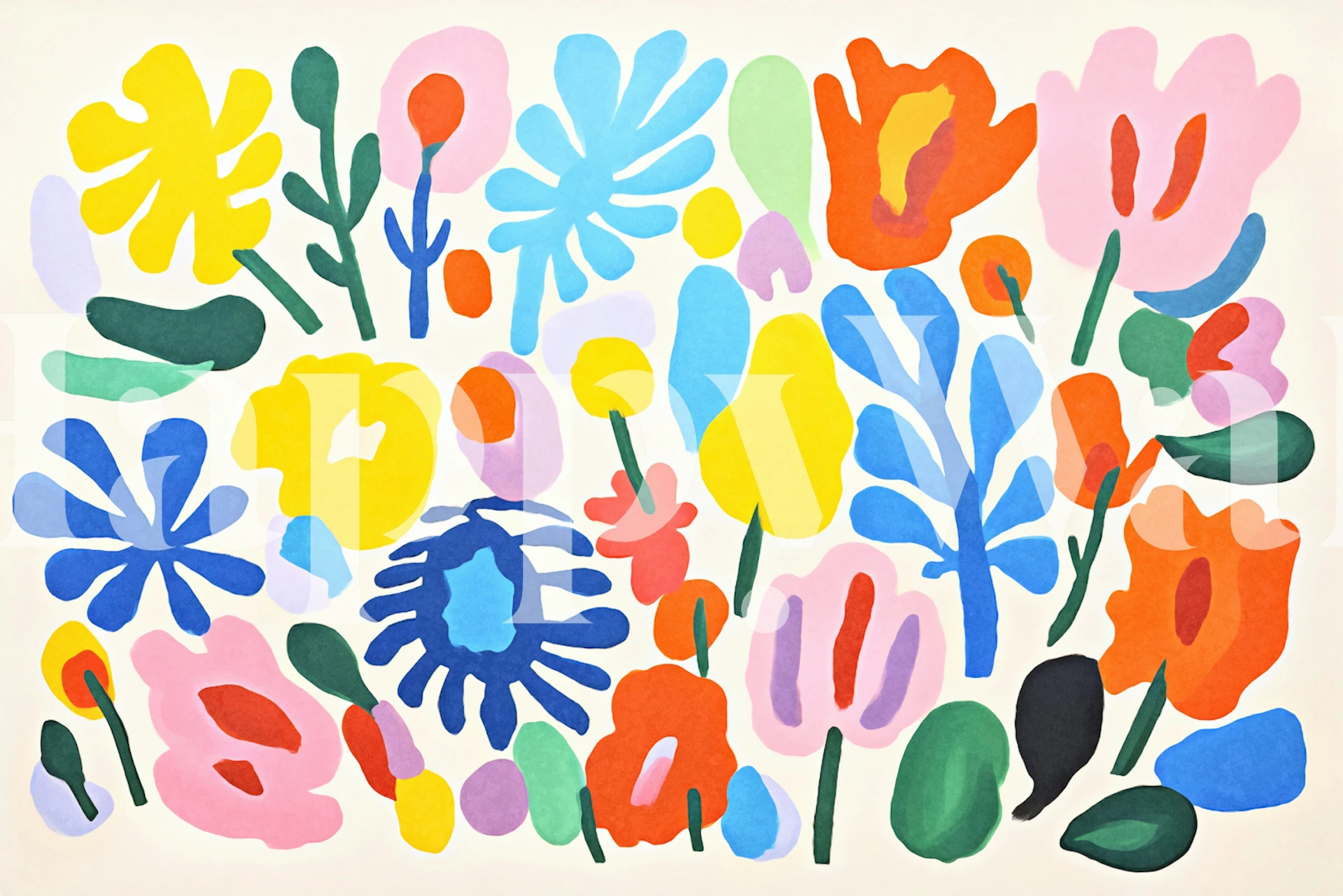 Farbige abstrakte Blumenwandmalerei in einem Stil, der an Matisse' Schnittmuster erinnert.