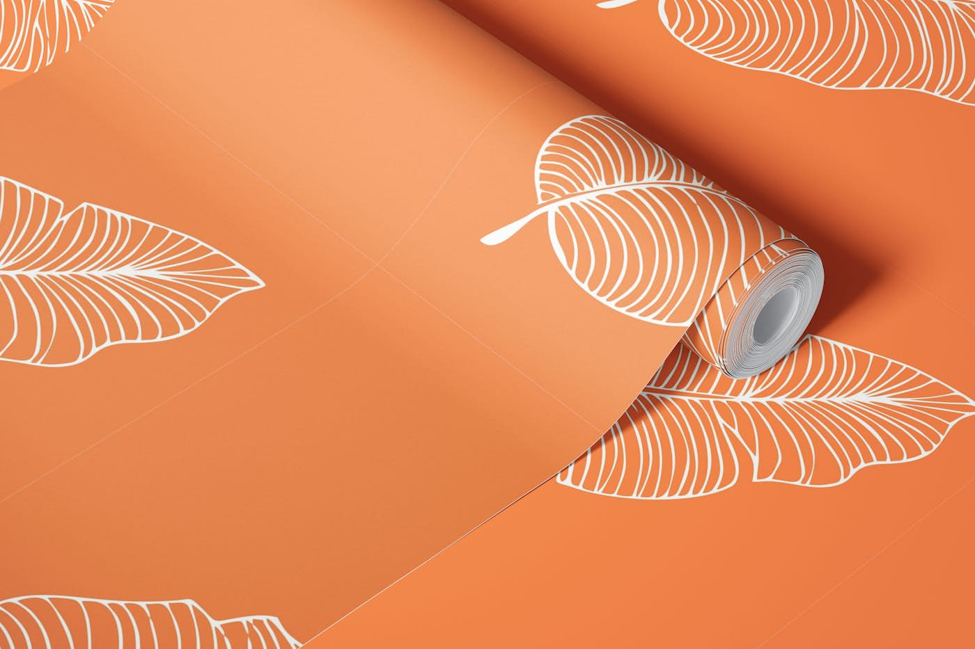 Orange solid color palm leaves pattern wallpaper roll