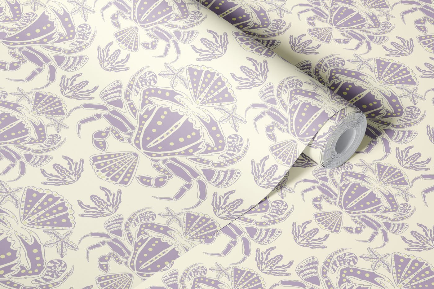 Coastal with crab and sea shells in Lavender wallpaper roll