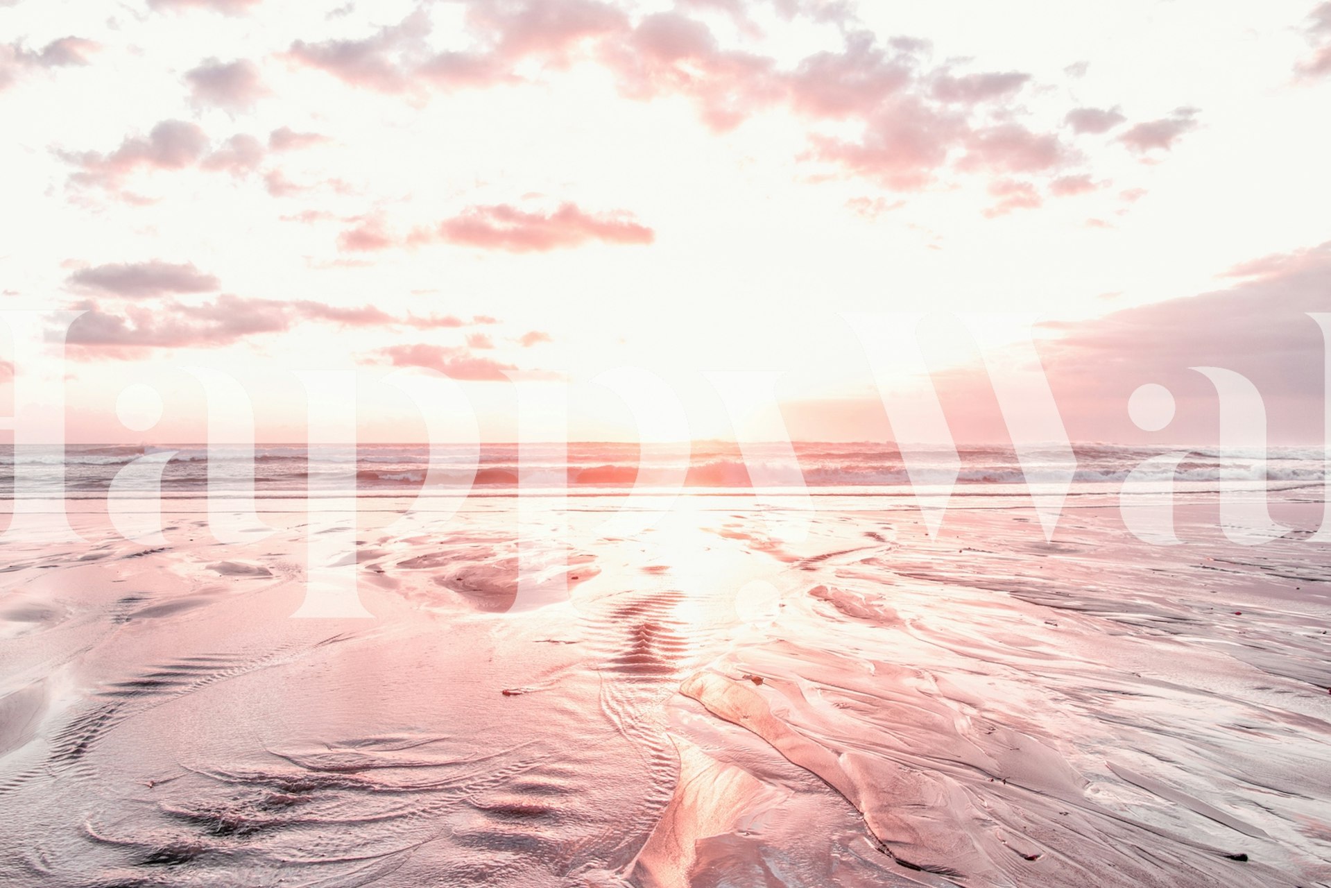 Pink beach sunset with gentle waves and clouds wallpaper