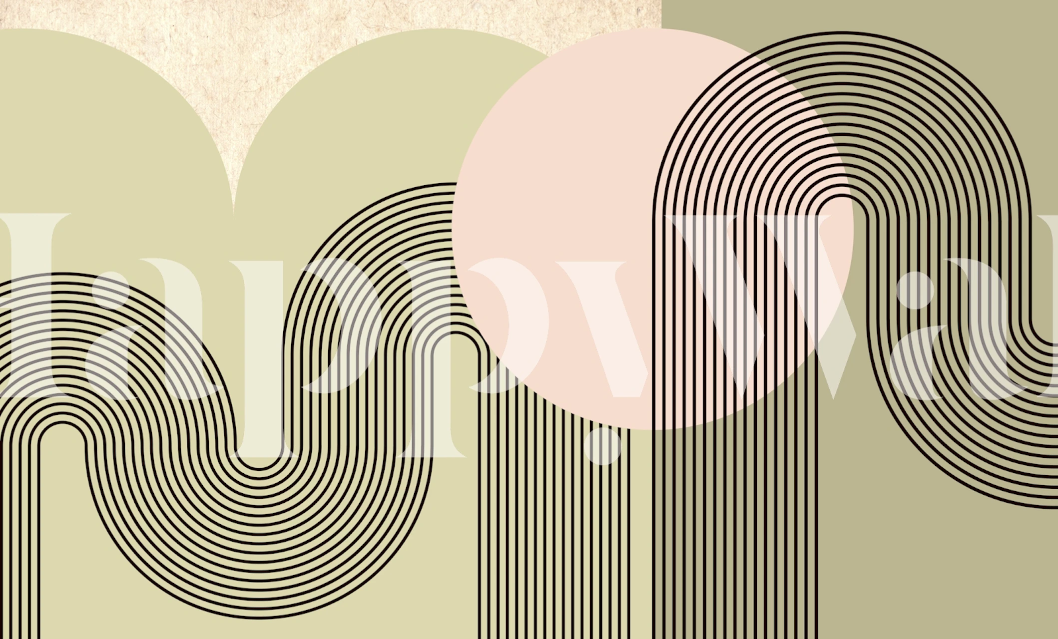 Abstract curved lines and colorful circles in sage tones wallpaper