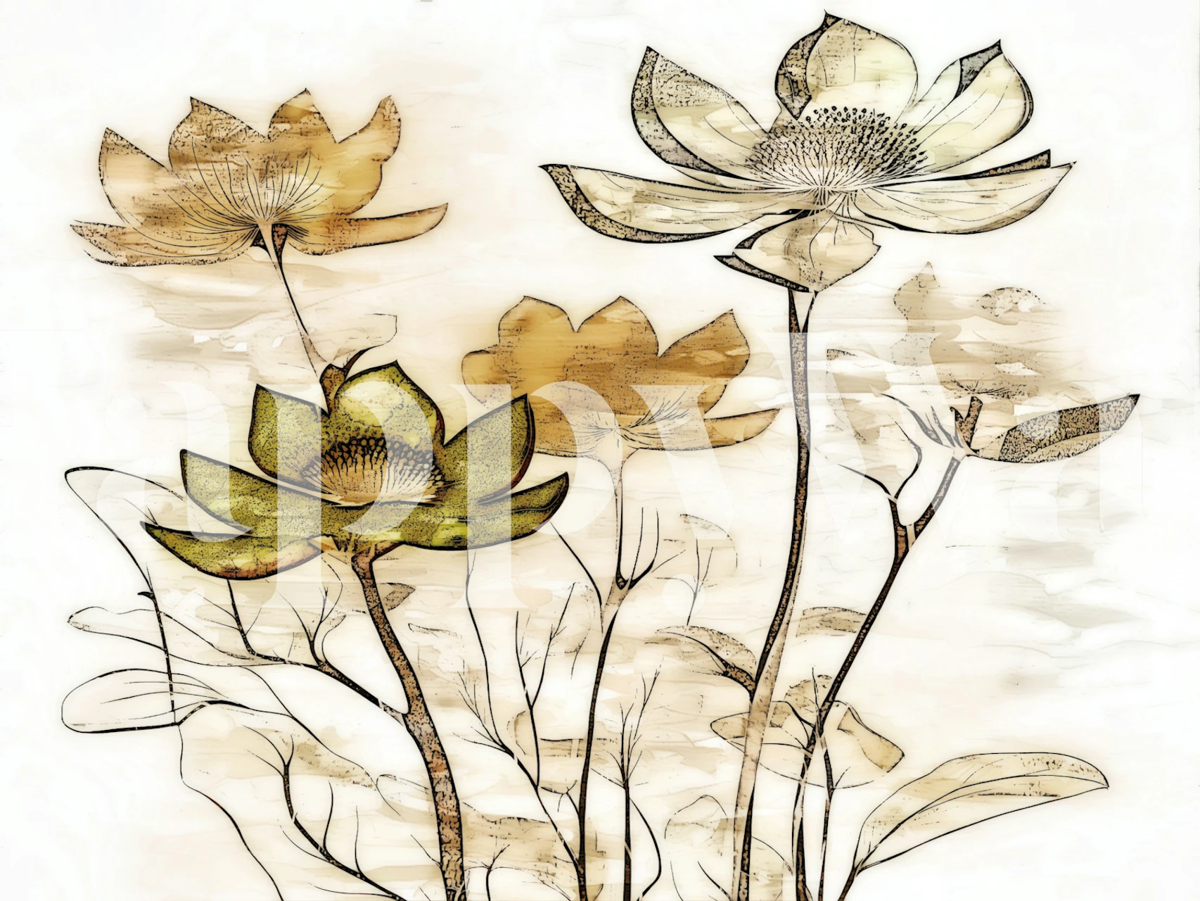 Floral wallpaper featuring warm flowers in yellow and green tones, boho style