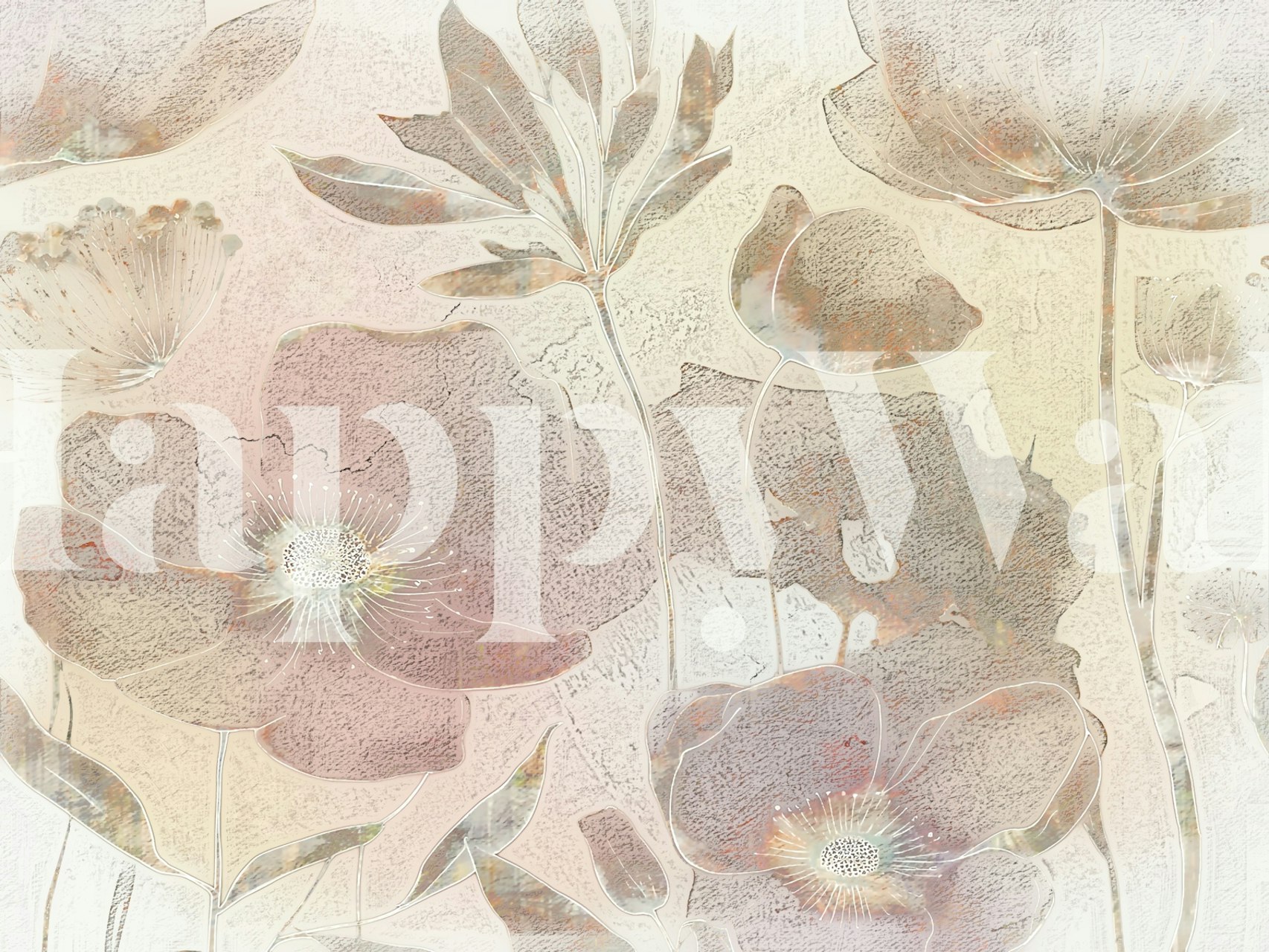 Light floral wallpaper featuring soft beige tones and intricate flower designs in Wabi Sabi style.