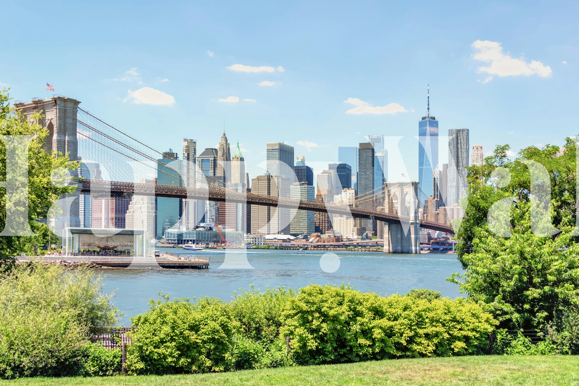 Brooklyn Bridge and Manhattan skyline wall mural with greenery and blue sky