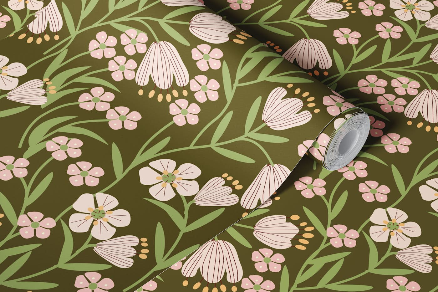 Olive Green Floral Patternwith Pink Flowers wallpaper roll