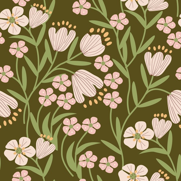 Olive Green Floral Patternwith Pink Flowers
