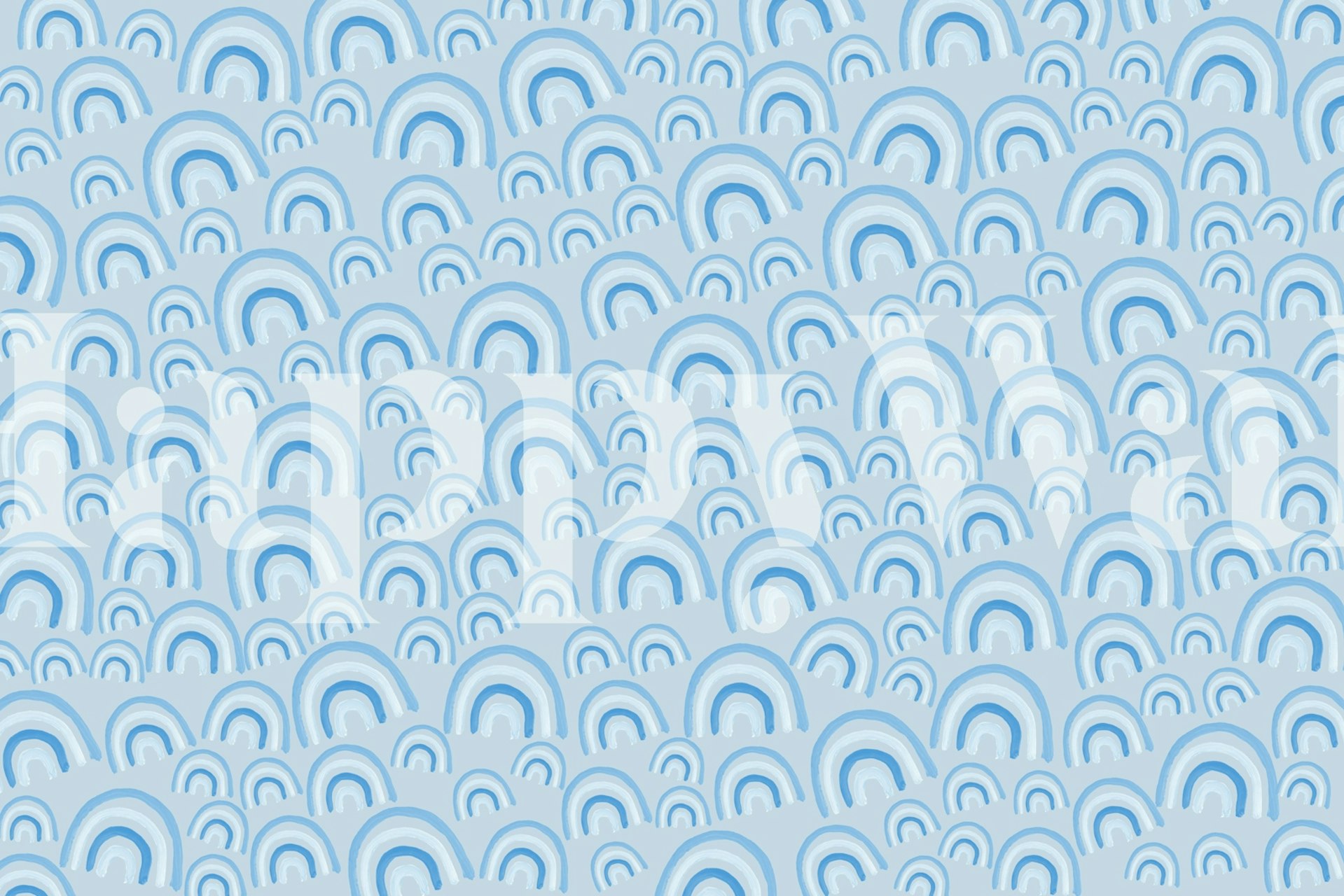 Light blue wallpaper with repeating rainbow patterns in soft shades
