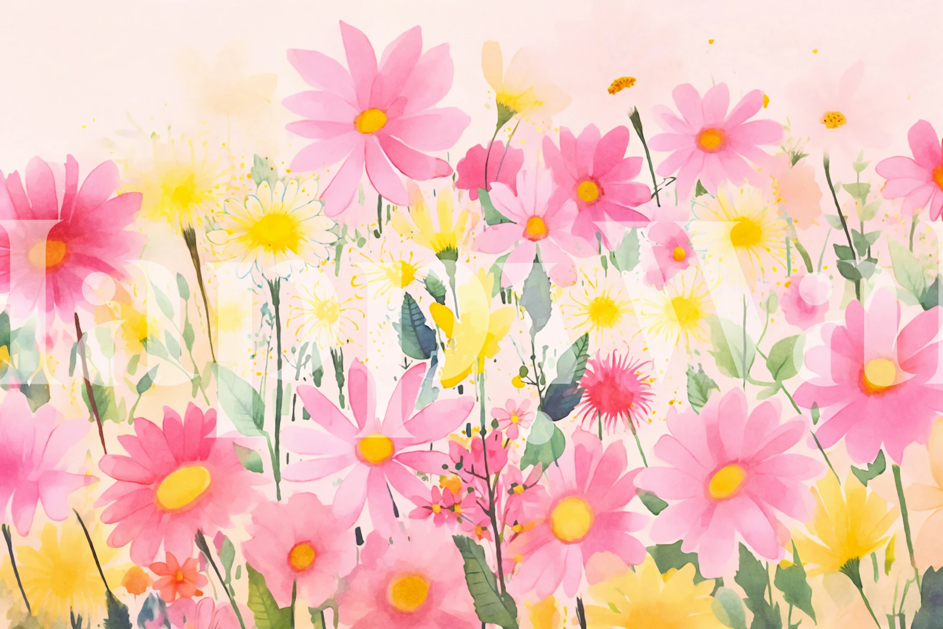 Vibrant pink and yellow flowers with green leaves in a whimsical floral pattern wallpaper