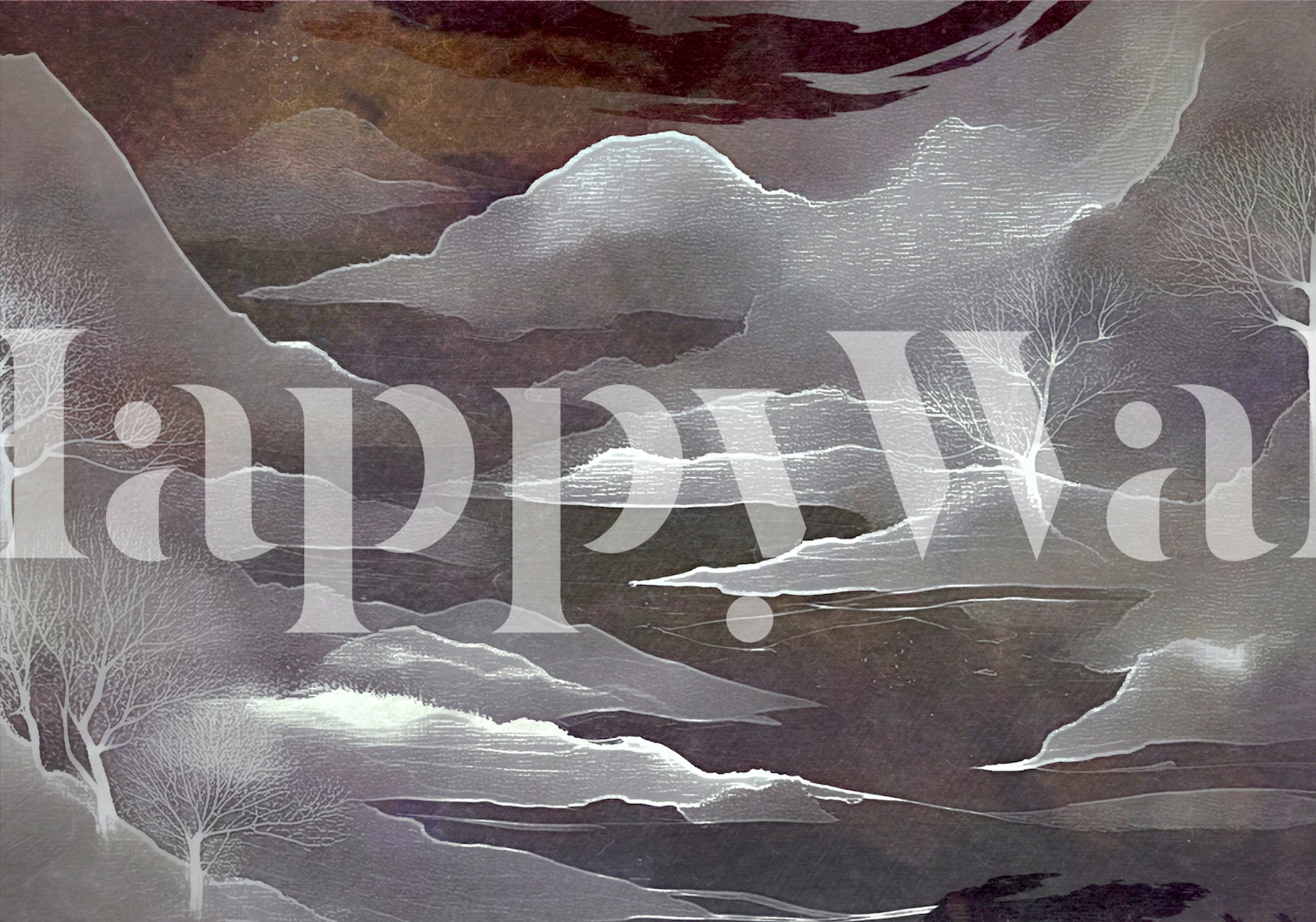 Abstract moody Japandi-style forest mural with soft brushstrokes and a tranquil color palette.