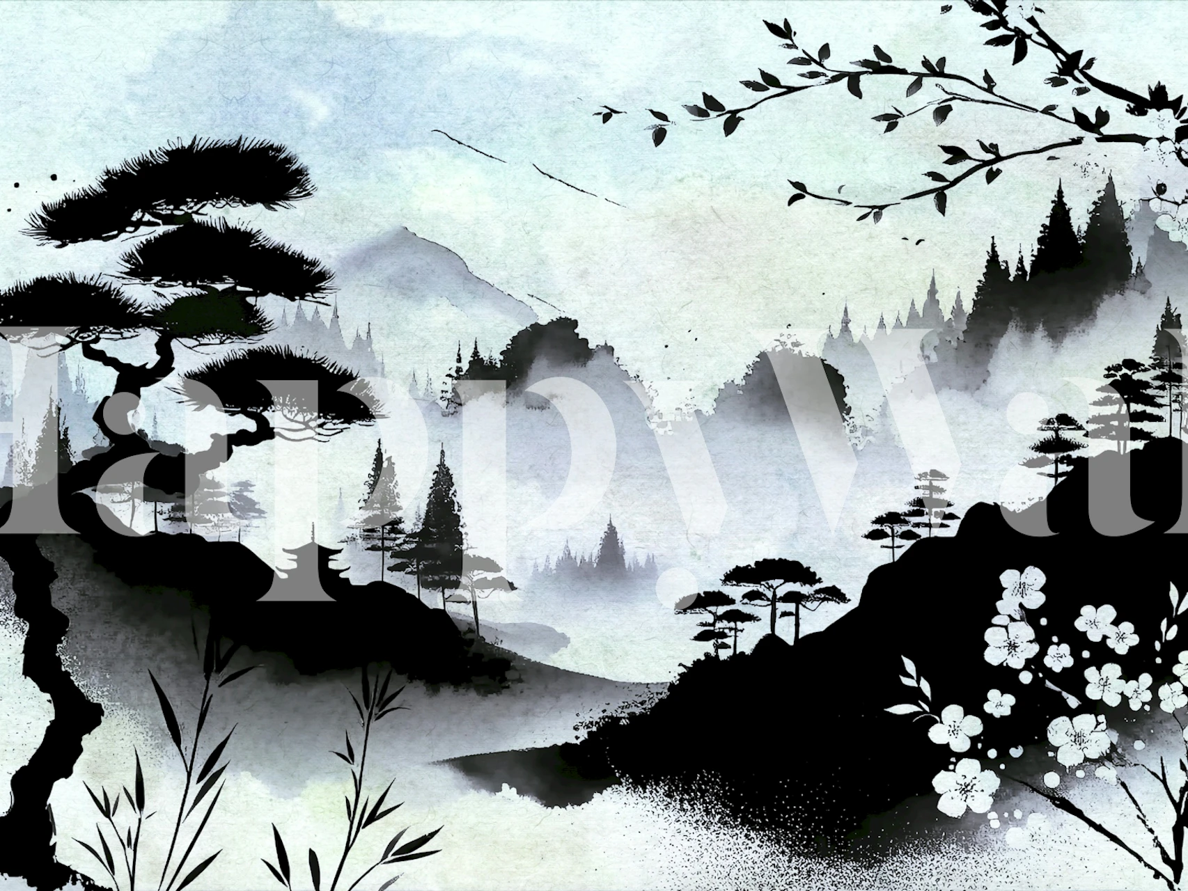 Black and white forest landscape with trees and mountains wallpaper