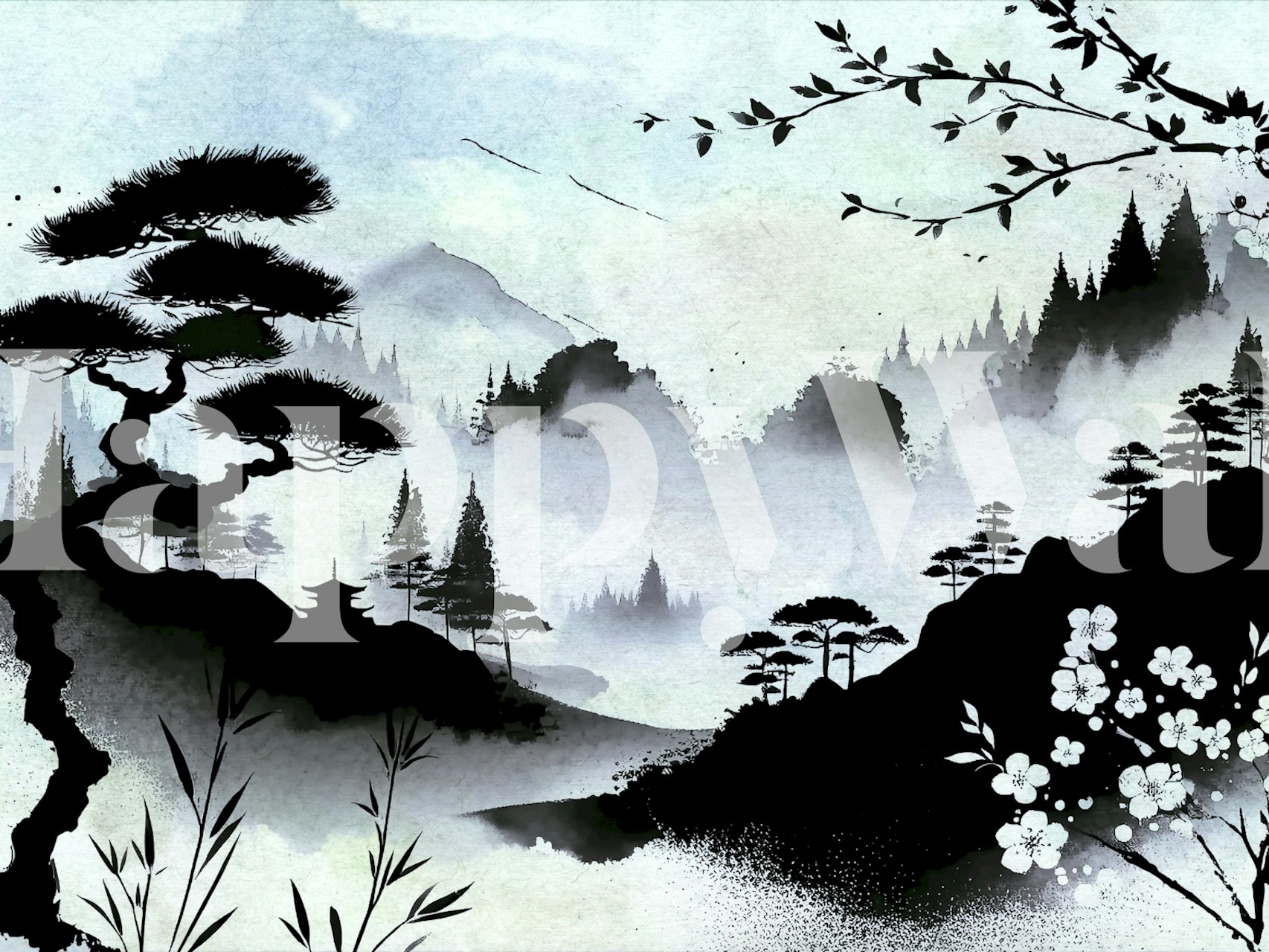 Black and white forest landscape with trees and mountains wallpaper