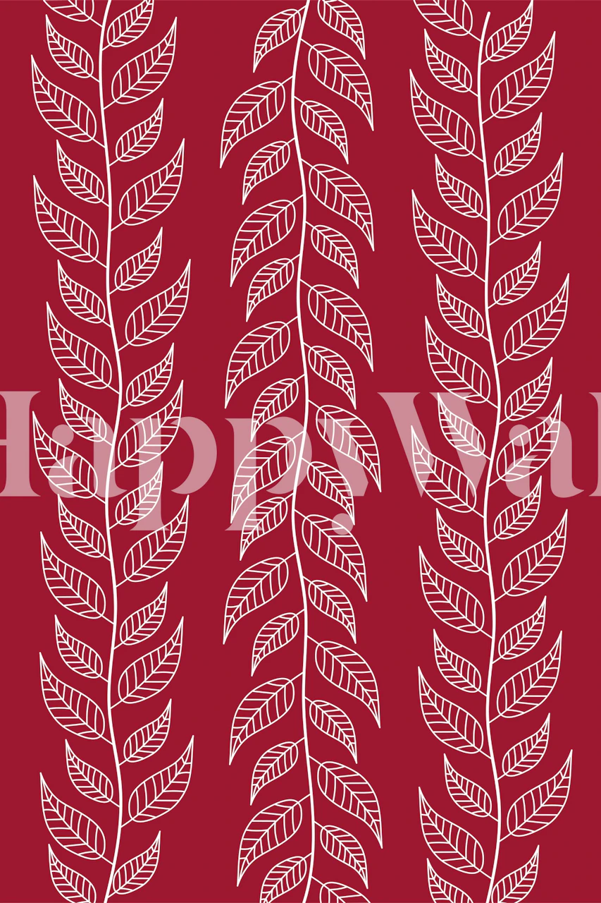 White leaves on burgundy background floral wallpaper