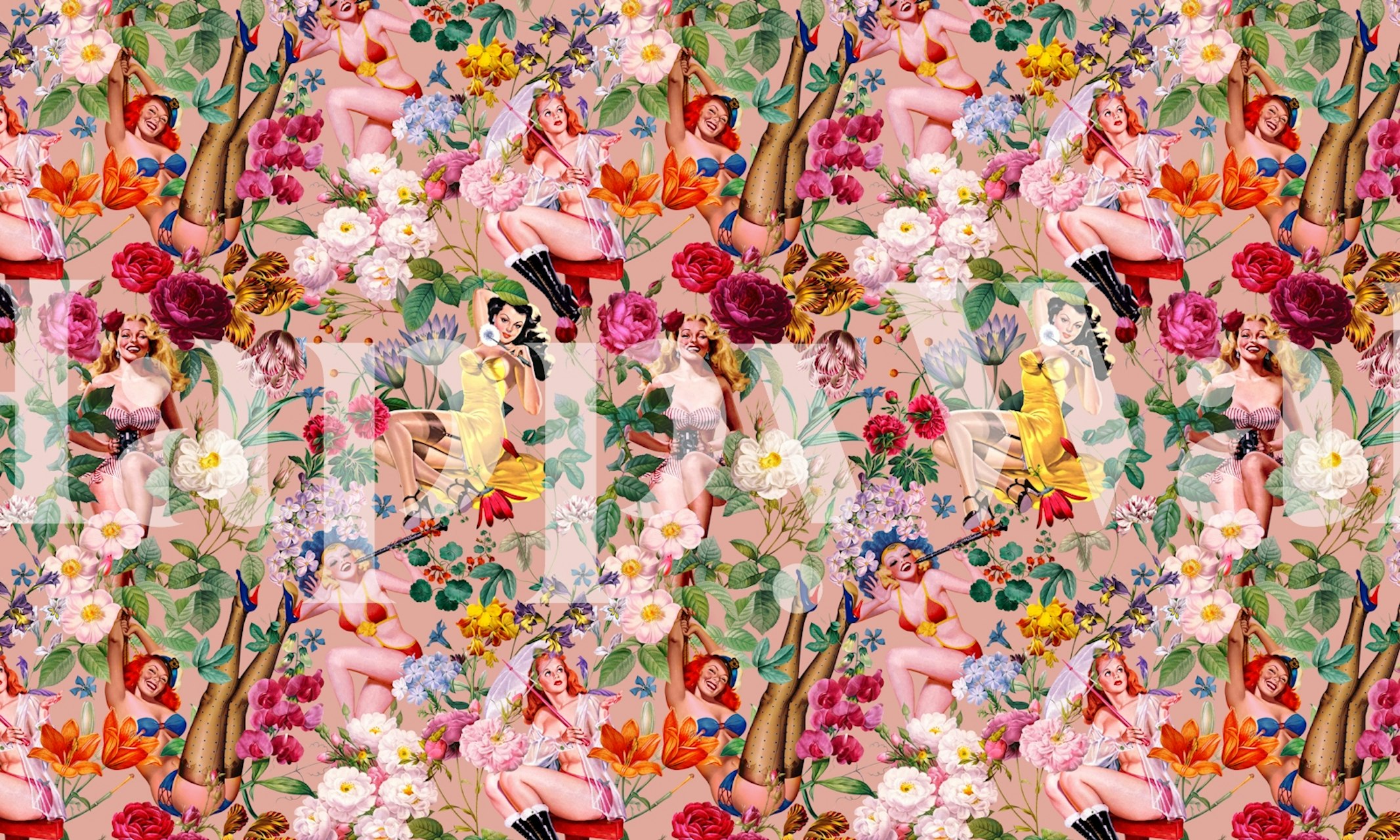 Floral and Pin-Up Girls wallpaper in a room