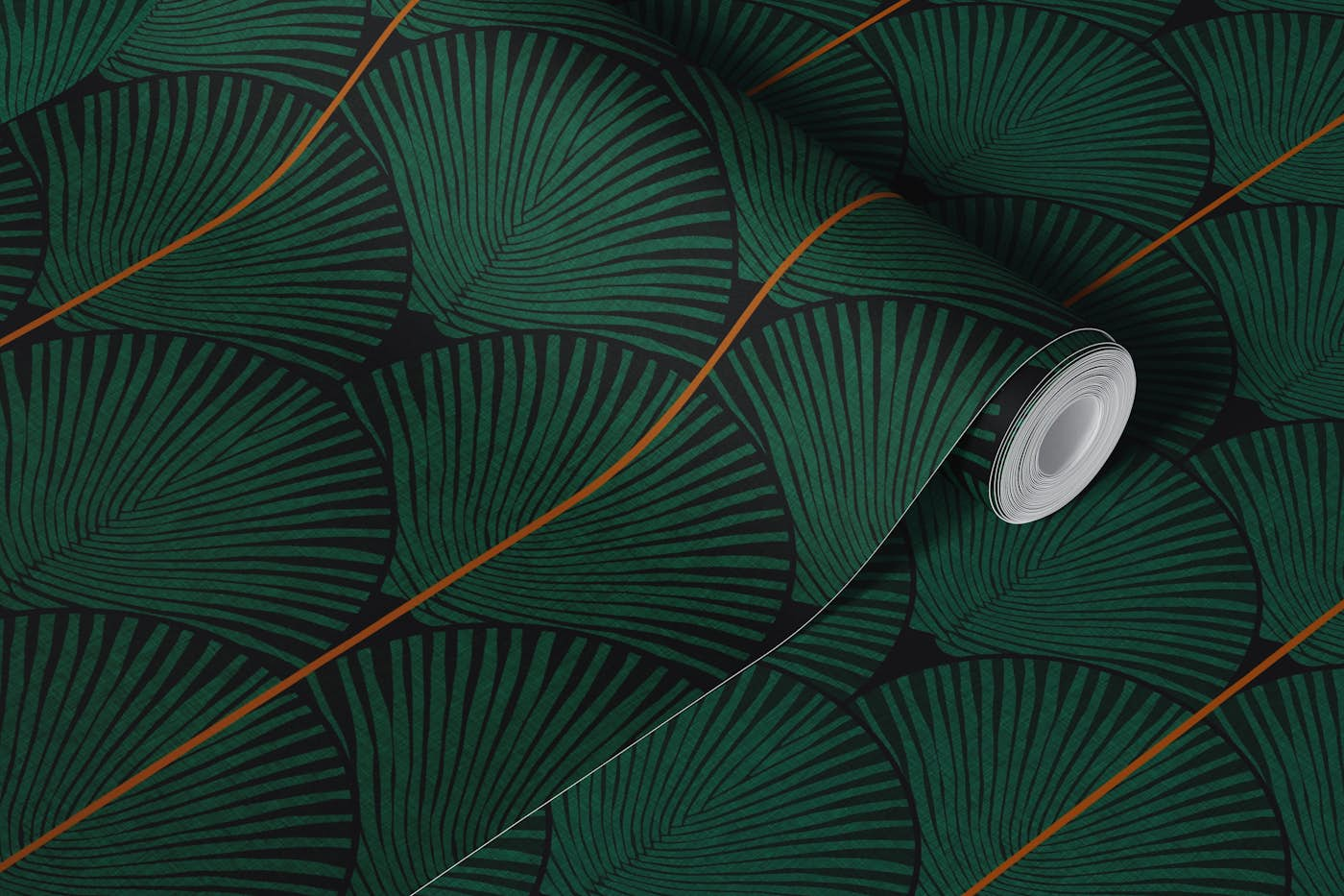 Art deco scalloped palm leaves dark green wallpaper roll