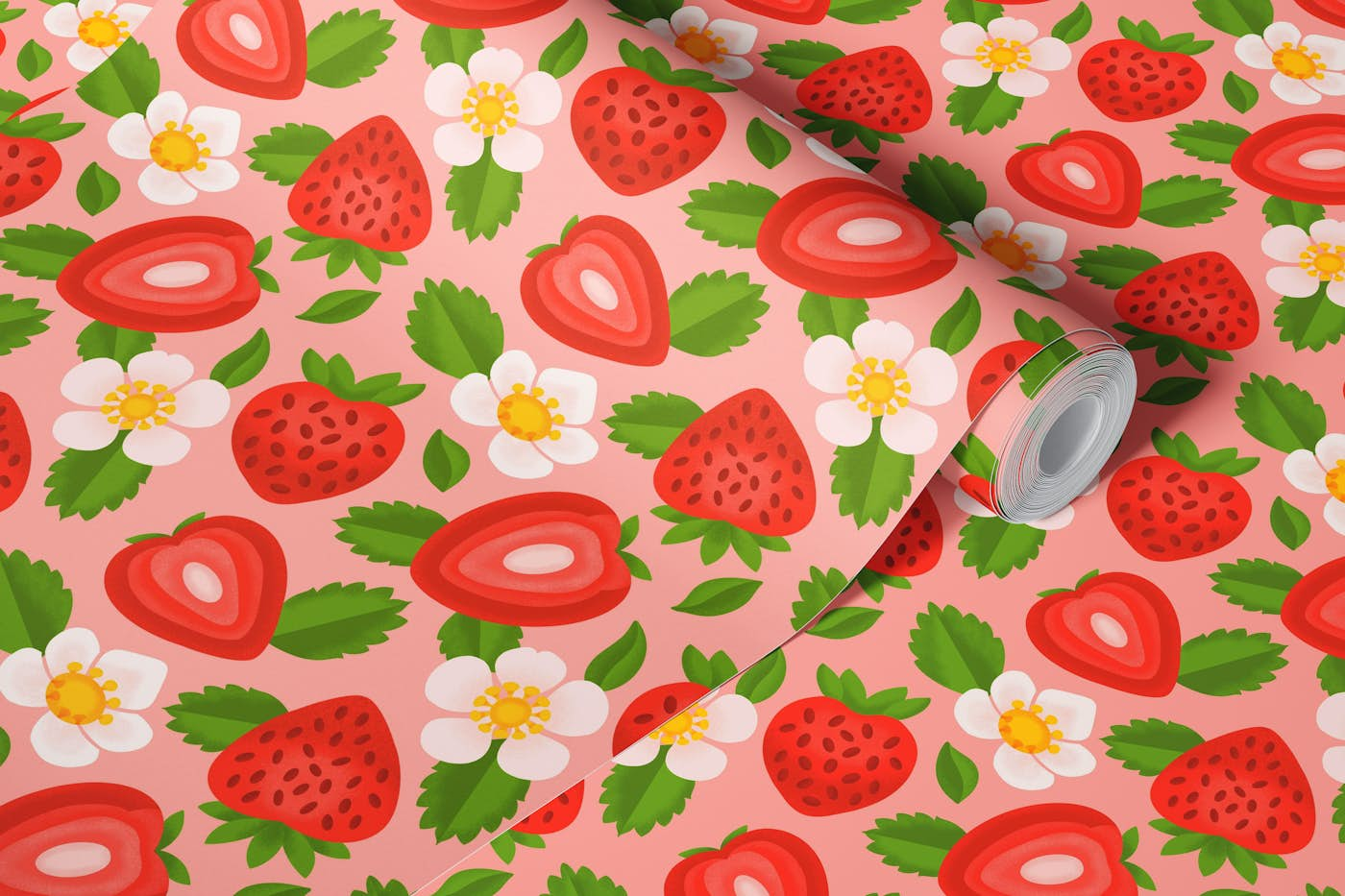 Fresh Strawberry Pattern on Pink wallpaper roll