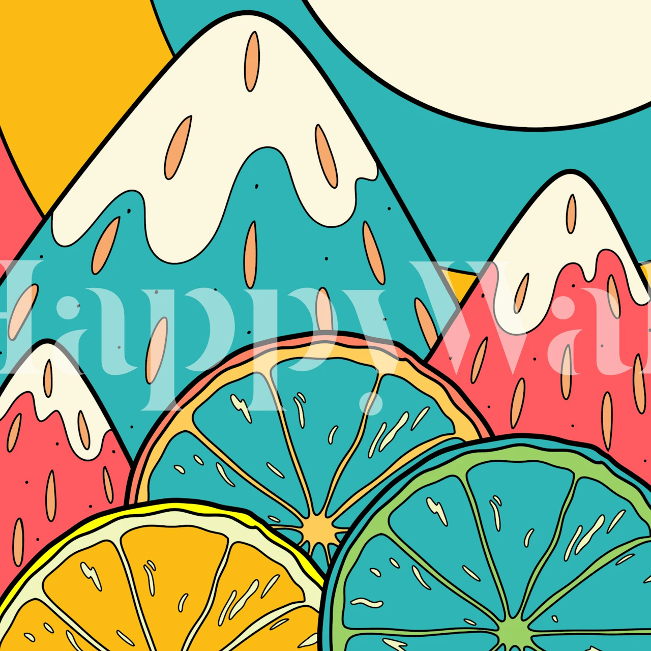 Colorful citrus slices with teal, pink, and yellow mountains wallpaper